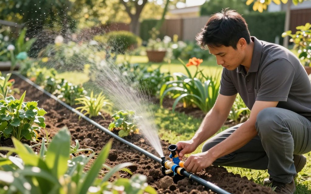 A professional technician in smart casual attire is meticulously demonstrating the installation of a drip irrigation system in a well-maintained garden. In the foreground, focus on the technician kneeling beside a neatly arranged trench where water lines are being laid out, showcasing high-quality drip tubing, connectors, and a valve system. The middle ground features an array of green plants receiving a gentle mist from a nearby sprinkler transitioning to drip lines, illustrating the conversion process. In the background, sunlit trees cast soft shadows, creating a serene outdoor atmosphere. The scene has natural lighting with a slight golden hour warmth, emphasizing the lush greenery and the technician's focused expression. The angle is slightly above eye level, providing a clearer view of the installation in progress. A professional technician in smart casual attire is meticulously demonstrating the installation of a drip irrigation system in a well-maintained garden. In the foreground, focus on the technician kneeling beside a neatly arranged trench where water lines are being laid out, showcasing high-quality drip tubing, connectors, and a valve system. The middle ground features an array of green plants receiving a gentle mist from a nearby sprinkler transitioning to drip lines, illustrating the conversion process. In the background, sunlit trees cast soft shadows, creating a serene outdoor atmosphere. The scene has natural lighting with a slight golden hour warmth, emphasizing the lush greenery and the technician's focused expression. The angle is slightly above eye level, providing a clearer view of the installation in progress.