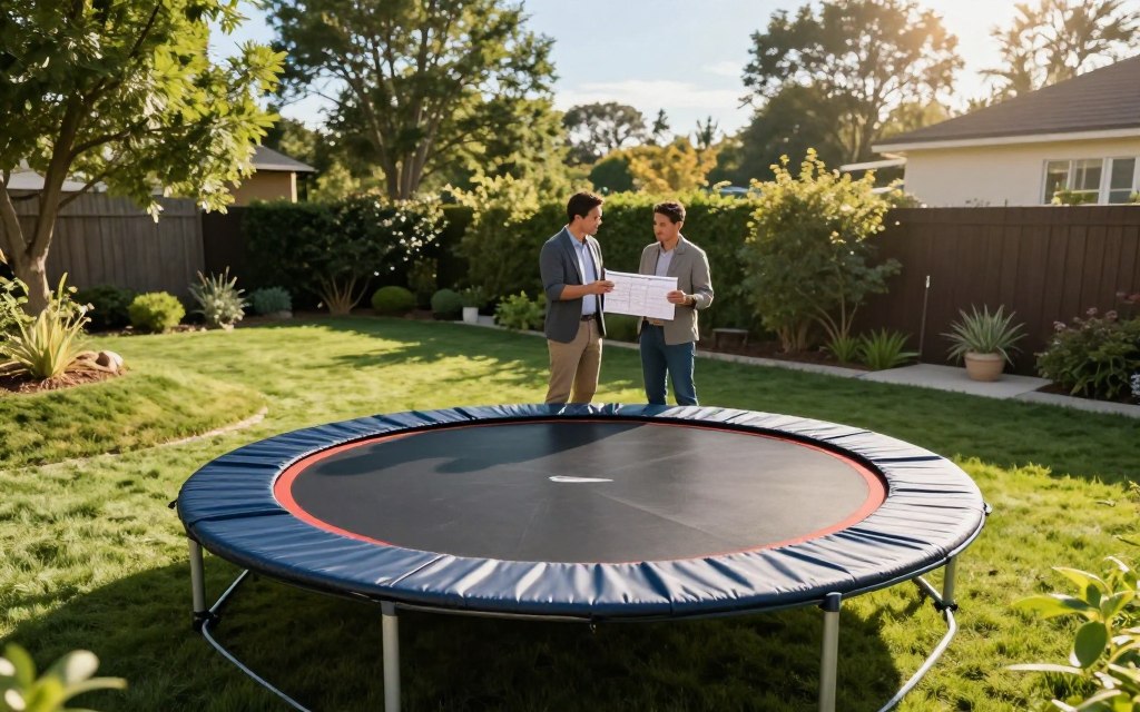 A serene backyard scene featuring an in-ground trampoline as the central focus. In the foreground, the trampoline's soft, reinforced safety padding is visible, showing its high-quality design. Surrounding the trampoline, well-maintained grass and a gentle slope for drainage emphasize safety measures. In the middle ground, a professional landscape designer inspects the area, dressed in smart casual clothing, holding a drainage plan and discussing installation considerations with another person. In the background, sunlight filters through lush trees, creating a warm and inviting atmosphere, while a clear blue sky completes the tranquil setting. The image should convey a sense of safety, quality, and meticulous planning. Capture the scene with a slight angle from above, showcasing depth and perspective, with natural lighting to enhance the overall mood. A serene backyard scene featuring an in-ground trampoline as the central focus. In the foreground, the trampoline's soft, reinforced safety padding is visible, showing its high-quality design. Surrounding the trampoline, well-maintained grass and a gentle slope for drainage emphasize safety measures. In the middle ground, a professional landscape designer inspects the area, dressed in smart casual clothing, holding a drainage plan and discussing installation considerations with another person. In the background, sunlight filters through lush trees, creating a warm and inviting atmosphere, while a clear blue sky completes the tranquil setting. The image should convey a sense of safety, quality, and meticulous planning. Capture the scene with a slight angle from above, showcasing depth and perspective, with natural lighting to enhance the overall mood.