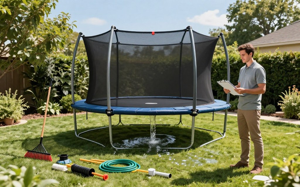 A serene backyard setting featuring an in-ground trampoline installation, showcasing maintenance tools like a rake, hose, and drainage system components arranged neatly on the grass. In the foreground, a professional in modest casual clothing inspects the trampoline's installation, holding a clipboard, emphasizing diligence in maintenance. In the middle ground, the trampoline is surrounded by lush greenery, with clear water draining away from its perimeter, illustrating effective drainage. The background captures a bright, sunny day with a clear blue sky, casting soft, natural light that highlights the scene’s tranquility. The overall mood is informative and reassuring, evoking a sense of safety and responsibility in trampoline maintenance and installation. A serene backyard setting featuring an in-ground trampoline installation, showcasing maintenance tools like a rake, hose, and drainage system components arranged neatly on the grass. In the foreground, a professional in modest casual clothing inspects the trampoline's installation, holding a clipboard, emphasizing diligence in maintenance. In the middle ground, the trampoline is surrounded by lush greenery, with clear water draining away from its perimeter, illustrating effective drainage. The background captures a bright, sunny day with a clear blue sky, casting soft, natural light that highlights the scene’s tranquility. The overall mood is informative and reassuring, evoking a sense of safety and responsibility in trampoline maintenance and installation.