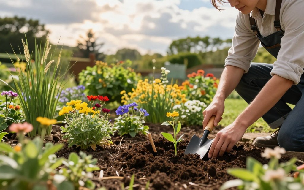 A serene garden scene focused on effective plant installation techniques. In the foreground, a skilled horticulturist in professional attire demonstrates the correct method for planting native flowers, using a trowel and showing proper soil depth. Rich soil and freshly planted seedlings are clearly visible. In the middle ground, various species of vibrant native plants such as wildflowers, grasses, and shrubs are arranged in a sustainable layout, showcasing biodiversity. The background features a partially sunny sky filtering through soft, scattered clouds, with lush greenery surrounding the area, enhancing the atmosphere of tranquility and professionalism. The lighting is warm and natural, emphasizing the vitality of the plants and the care involved in their installation. The scene conveys a sense of harmony with nature, encouraging responsible gardening practices. A serene garden scene focused on effective plant installation techniques. In the foreground, a skilled horticulturist in professional attire demonstrates the correct method for planting native flowers, using a trowel and showing proper soil depth. Rich soil and freshly planted seedlings are clearly visible. In the middle ground, various species of vibrant native plants such as wildflowers, grasses, and shrubs are arranged in a sustainable layout, showcasing biodiversity. The background features a partially sunny sky filtering through soft, scattered clouds, with lush greenery surrounding the area, enhancing the atmosphere of tranquility and professionalism. The lighting is warm and natural, emphasizing the vitality of the plants and the care involved in their installation. The scene conveys a sense of harmony with nature, encouraging responsible gardening practices.