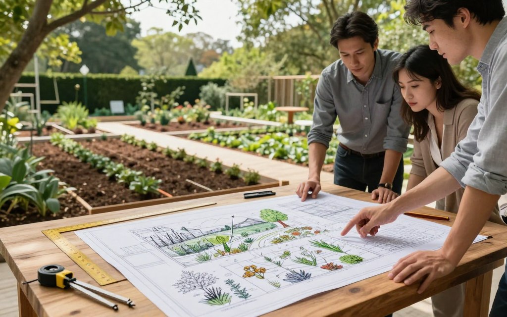 A serene landscape design setting focused on planning and site preparation. In the foreground, a well-organized workspace with landscape design sketches laid out on a wooden table, surrounded by measuring tools like a ruler and compass. In the middle ground, a team of landscape architects in professional attire intently discussing plans, pointing to diagrams featuring native plant species aimed at enhancing biodiversity. In the background, an expansive garden area, partially cleared and ready for planting, with marked sections indicating future planting zones. Soft, natural light filters through a canopy of trees, creating a tranquil, productive atmosphere. The angle captures the interaction between the design process and the natural environment, showcasing the importance of thoughtful preparation in landscape design. A serene landscape design setting focused on planning and site preparation. In the foreground, a well-organized workspace with landscape design sketches laid out on a wooden table, surrounded by measuring tools like a ruler and compass. In the middle ground, a team of landscape architects in professional attire intently discussing plans, pointing to diagrams featuring native plant species aimed at enhancing biodiversity. In the background, an expansive garden area, partially cleared and ready for planting, with marked sections indicating future planting zones. Soft, natural light filters through a canopy of trees, creating a tranquil, productive atmosphere. The angle captures the interaction between the design process and the natural environment, showcasing the importance of thoughtful preparation in landscape design.