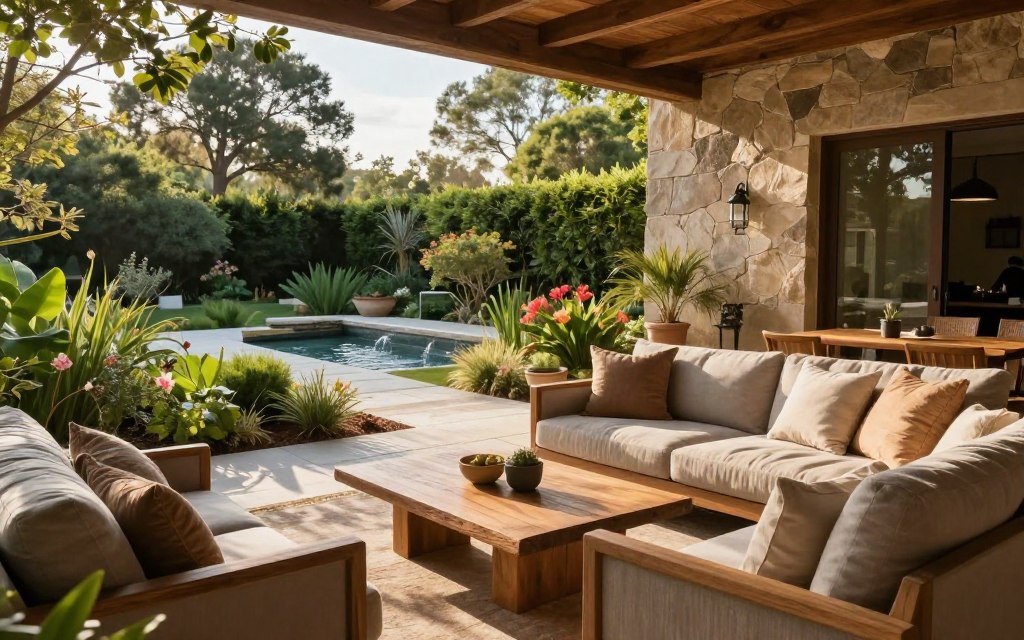 A serene outdoor living space designed for relaxation and enjoyment, featuring a harmonious blend of natural stone and warm wooden elements. In the foreground, plush, stylish furnishings including a deep sofa adorned with soft cushions face a low wooden coffee table. The middle ground showcases rich landscaping with vibrant greenery, flowering plants, and a stone pathway leading toward a softly bubbling water feature. In the background, gentle tall trees and an open sky add depth to the scene, with warm sunlight filtering through the leaves, creating dappled shadows. The atmosphere is inviting and tranquil, perfect for an outdoor gathering. Captured from a slightly elevated angle, the composition offers a cozy yet spacious feel, emphasizing the natural beauty of the materials and surrounding landscape. A serene outdoor living space designed for relaxation and enjoyment, featuring a harmonious blend of natural stone and warm wooden elements. In the foreground, plush, stylish furnishings including a deep sofa adorned with soft cushions face a low wooden coffee table. The middle ground showcases rich landscaping with vibrant greenery, flowering plants, and a stone pathway leading toward a softly bubbling water feature. In the background, gentle tall trees and an open sky add depth to the scene, with warm sunlight filtering through the leaves, creating dappled shadows. The atmosphere is inviting and tranquil, perfect for an outdoor gathering. Captured from a slightly elevated angle, the composition offers a cozy yet spacious feel, emphasizing the natural beauty of the materials and surrounding landscape.