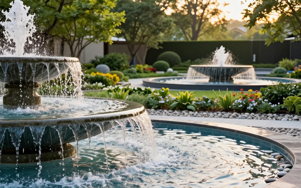 A serene outdoor scene featuring elegant water fountains as a focal point, surrounded by lush greenery. In the foreground, a modern, tiered fountain with crystal-clear water cascading down its tiers, reflecting sunlight. The middle ground includes tasteful garden beds with blooming flowers and smooth pebbles that harmonize with the fountains. In the background, tall trees filter a warm golden light, creating a tranquil atmosphere. The angle captures both the close-up details of the fountain’s surface and the expansive garden layout, giving depth to the image. The mood is peaceful and inviting, suitable for showcasing the beauty of outdoor water features in a contemporary setting. A serene outdoor scene featuring elegant water fountains as a focal point, surrounded by lush greenery. In the foreground, a modern, tiered fountain with crystal-clear water cascading down its tiers, reflecting sunlight. The middle ground includes tasteful garden beds with blooming flowers and smooth pebbles that harmonize with the fountains. In the background, tall trees filter a warm golden light, creating a tranquil atmosphere. The angle captures both the close-up details of the fountain’s surface and the expansive garden layout, giving depth to the image. The mood is peaceful and inviting, suitable for showcasing the beauty of outdoor water features in a contemporary setting.