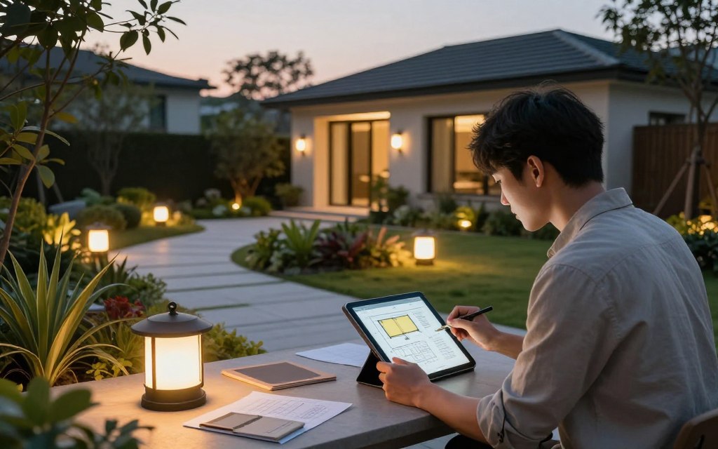 A serene outdoor setting showcasing the thoughtful planning of a residential lighting design. In the foreground, an architect or landscape designer in smart casual attire examines lighting schematics on a tablet, surrounded by samples of elegant outdoor light fixtures. The middle ground features a landscaped garden with various plants and pathways, illuminated by stylish LED lights casting a warm glow. In the background, a modern home is subtly lit, highlighting architectural features while blending harmoniously with the landscape. The scene is set during the twilight hour, creating a tranquil and inviting atmosphere, with soft, diffused lighting and a gentle, warm color palette to enhance the mood of sophistication and functionality in outdoor spaces.