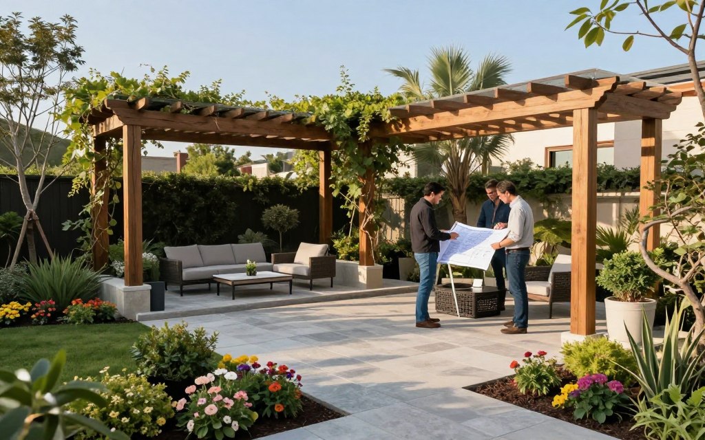 A serene outdoor space that seamlessly fuses design and construction elements, featuring a stylish patio area with high-quality stone pavers and an elegant wooden pergola adorned with climbing vines. In the foreground, a meticulously landscaped garden showcases a variety of colorful flowers and green shrubs, inviting a sense of tranquility. In the middle, skilled professionals in smart casual attire collaborate over blueprints while discussing outdoor furniture placement and landscaping features. In the background, trees gently sway under a clear blue sky, with soft, warm sunlight casting pleasant shadows across the setting. The atmosphere is calm and inviting, highlighting collaboration and creativity in landscape design build. The perspective is a slightly elevated angle to capture both the intricate details of the design elements and the teamwork involved in the construction process. A serene outdoor space that seamlessly fuses design and construction elements, featuring a stylish patio area with high-quality stone pavers and an elegant wooden pergola adorned with climbing vines. In the foreground, a meticulously landscaped garden showcases a variety of colorful flowers and green shrubs, inviting a sense of tranquility. In the middle, skilled professionals in smart casual attire collaborate over blueprints while discussing outdoor furniture placement and landscaping features. In the background, trees gently sway under a clear blue sky, with soft, warm sunlight casting pleasant shadows across the setting. The atmosphere is calm and inviting, highlighting collaboration and creativity in landscape design build. The perspective is a slightly elevated angle to capture both the intricate details of the design elements and the teamwork involved in the construction process.