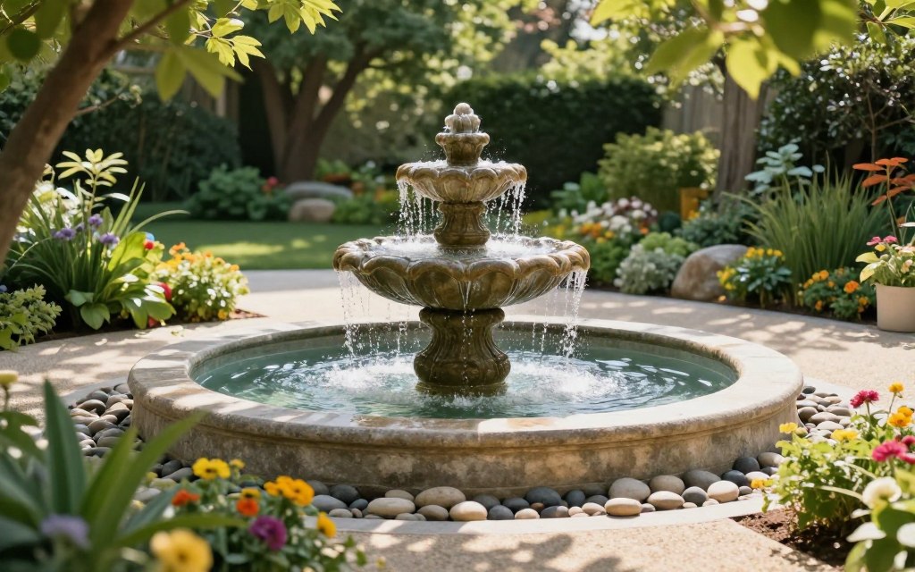 A serene pondless water fountain designed for a tranquil garden oasis, featuring elegant stonework and flowing water that gently cascades into a sculpted basin. In the foreground, lush greenery and vibrant flowering plants frame the fountain, adding a splash of color and life. In the middle ground, the fountain stands out as the focal point, surrounded by smooth pebbles and decorative gravel that enhance the natural aesthetic. In the background, soft-focus trees and shrubs create a sense of depth, while dappled sunlight filters through the leaves, casting playful shadows. The mood is peaceful and inviting, ideal for relaxation and meditation, captured with a wide-angle lens to encompass the harmonious blend of elements, emphasizing the tranquility of a garden retreat. A serene pondless water fountain designed for a tranquil garden oasis, featuring elegant stonework and flowing water that gently cascades into a sculpted basin. In the foreground, lush greenery and vibrant flowering plants frame the fountain, adding a splash of color and life. In the middle ground, the fountain stands out as the focal point, surrounded by smooth pebbles and decorative gravel that enhance the natural aesthetic. In the background, soft-focus trees and shrubs create a sense of depth, while dappled sunlight filters through the leaves, casting playful shadows. The mood is peaceful and inviting, ideal for relaxation and meditation, captured with a wide-angle lens to encompass the harmonious blend of elements, emphasizing the tranquility of a garden retreat.