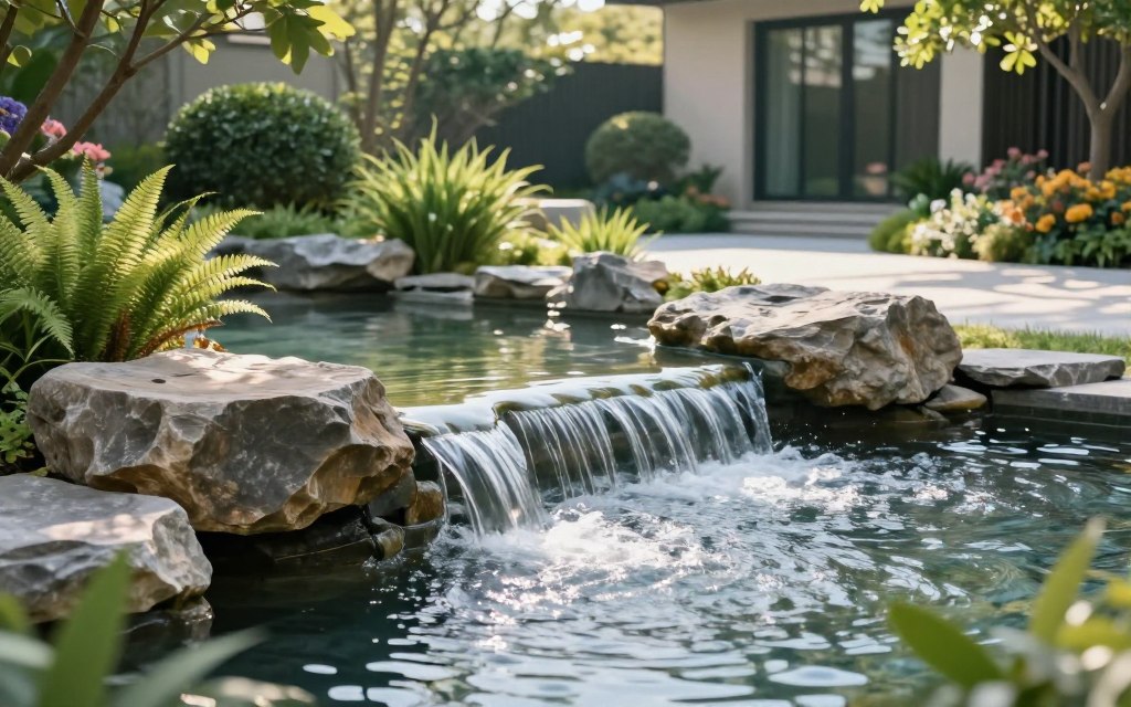 A serene pondless water fountain nestled in an elegant garden setting. In the foreground, smooth, gently flowing water cascades over natural stone rocks, creating a peaceful soundscape that invites relaxation. The middle ground showcases lush greenery, including soft ferns and colorful flowering plants bathed in soft morning light. The background features a distant view of a modern home with large windows, enhancing the tranquility of the scene. The atmosphere is calm and rejuvenating, with sunlight filtering through the leaves, casting delicate shadows on the ground. The composition is wide-angle, emphasizing the harmonious relationship between nature and the soothing sound of water, capturing the essence of a calming ambiance. A serene pondless water fountain nestled in an elegant garden setting. In the foreground, smooth, gently flowing water cascades over natural stone rocks, creating a peaceful soundscape that invites relaxation. The middle ground showcases lush greenery, including soft ferns and colorful flowering plants bathed in soft morning light. The background features a distant view of a modern home with large windows, enhancing the tranquility of the scene. The atmosphere is calm and rejuvenating, with sunlight filtering through the leaves, casting delicate shadows on the ground. The composition is wide-angle, emphasizing the harmonious relationship between nature and the soothing sound of water, capturing the essence of a calming ambiance.