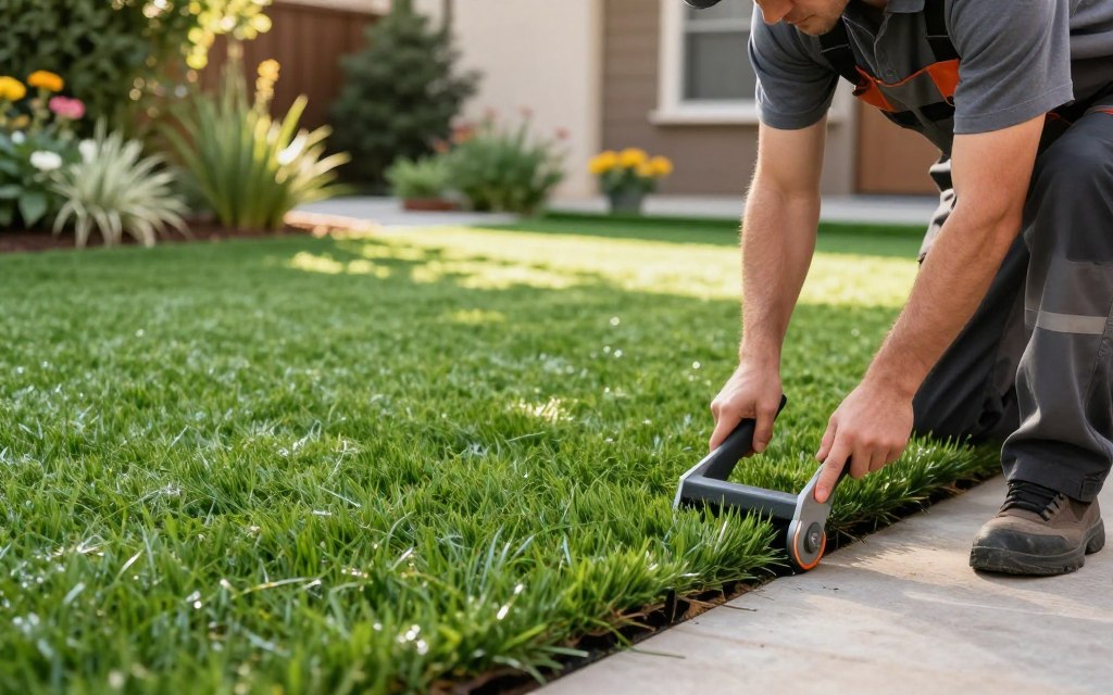 A skilled technician installing synthetic turf in a residential yard, focused on precision and technique. In the foreground, the technician, dressed in professional work attire, uses a turf cutting tool to shape the grass. The middle section shows a perfectly laid synthetic lawn, with bright green blades glistening under soft afternoon sunlight. In the background, a well-maintained garden adds depth, showcasing native plants and flowers, enhancing the natural feel of the space. The scene is captured with a shallow depth of field, highlighting the technician's detailed work while softly blurring the background. The overall mood is one of professionalism and expertise, evoking a sense of meticulous care in the installation process. A skilled technician installing synthetic turf in a residential yard, focused on precision and technique. In the foreground, the technician, dressed in professional work attire, uses a turf cutting tool to shape the grass. The middle section shows a perfectly laid synthetic lawn, with bright green blades glistening under soft afternoon sunlight. In the background, a well-maintained garden adds depth, showcasing native plants and flowers, enhancing the natural feel of the space. The scene is captured with a shallow depth of field, highlighting the technician's detailed work while softly blurring the background. The overall mood is one of professionalism and expertise, evoking a sense of meticulous care in the installation process.