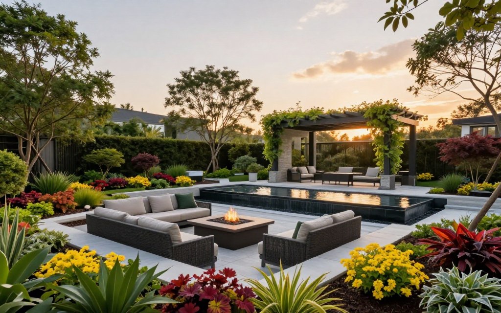 A stunning four-season outdoor room, featuring innovative landscape design elements. In the foreground, a cozy seating area with modern outdoor furniture, surrounded by vibrant seasonal plants in elegantly arranged flower beds. The middle ground showcases a sleek water feature, reflecting the sky, and a fire pit for winter gatherings, strategically placed under a stylish pergola adorned with climbing vines. The background reveals lush trees and colorful shrubs framing the scene, set against a soft sunset that bathes the landscape in warm, golden lighting. Use a wide-angle lens to capture the spaciousness of the environment, evoking a serene and inviting atmosphere that encourages relaxation and connection with nature. The setting should appear meticulously maintained and harmoniously designed. A stunning four-season outdoor room, featuring innovative landscape design elements. In the foreground, a cozy seating area with modern outdoor furniture, surrounded by vibrant seasonal plants in elegantly arranged flower beds. The middle ground showcases a sleek water feature, reflecting the sky, and a fire pit for winter gatherings, strategically placed under a stylish pergola adorned with climbing vines. The background reveals lush trees and colorful shrubs framing the scene, set against a soft sunset that bathes the landscape in warm, golden lighting. Use a wide-angle lens to capture the spaciousness of the environment, evoking a serene and inviting atmosphere that encourages relaxation and connection with nature. The setting should appear meticulously maintained and harmoniously designed.