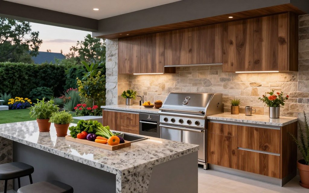 A stylish outdoor kitchen design featuring sleek modern features, including a minimalist stainless steel grill and a granite countertop bar seating area. In the foreground, carefully arranged potted herbs and fresh vegetables add a pop of color. The middle ground showcases a spacious cooking area equipped with high-end kitchen appliances, surrounded by elegant wooden cabinetry that blends seamlessly with the natural stone accent wall. The background reveals a beautifully landscaped garden with lush greenery and vibrant flowers, set against a twilight sky. Soft ambient lighting illuminates the space, creating a warm and inviting atmosphere. The angle should capture the kitchen within its vibrant setting, emphasizing both modern design and natural elements harmoniously integrated. A stylish outdoor kitchen design featuring sleek modern features, including a minimalist stainless steel grill and a granite countertop bar seating area. In the foreground, carefully arranged potted herbs and fresh vegetables add a pop of color. The middle ground showcases a spacious cooking area equipped with high-end kitchen appliances, surrounded by elegant wooden cabinetry that blends seamlessly with the natural stone accent wall. The background reveals a beautifully landscaped garden with lush greenery and vibrant flowers, set against a twilight sky. Soft ambient lighting illuminates the space, creating a warm and inviting atmosphere. The angle should capture the kitchen within its vibrant setting, emphasizing both modern design and natural elements harmoniously integrated.