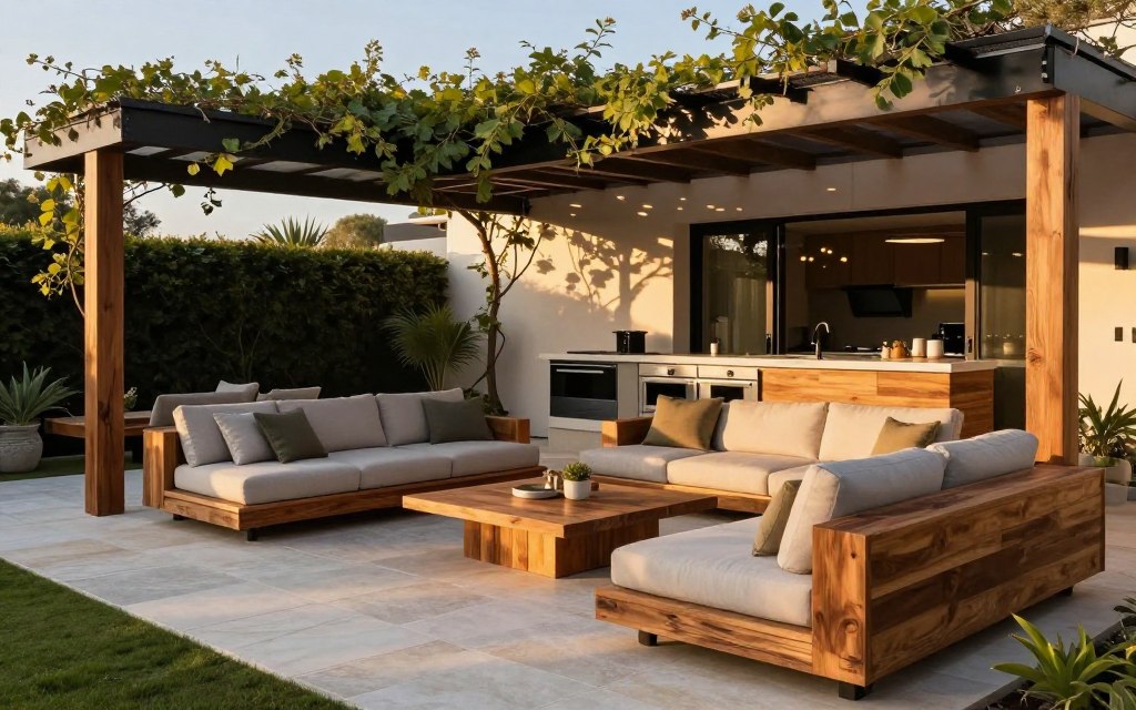 A stylish outdoor living space designed with elegant structures and shades, featuring a mix of smooth stone paving and durable wooden accents. In the foreground, a sleek, modern lounge area with plush, weather-resistant sofas and low tables made from reclaimed wood. The middle ground showcases a contemporary pergola with decorative vines, providing dappled sunlight over the seating area. Background elements include a cleverly designed outdoor kitchen with sleek appliances and green plants lining the perimeter. Emphasize a warm, inviting atmosphere, illuminated by soft golden hour lighting that adds a gentle glow. Capture this scene from a slightly elevated angle to highlight the layout and the interplay of materials, creating a harmonious blend of nature and technology. A stylish outdoor living space designed with elegant structures and shades, featuring a mix of smooth stone paving and durable wooden accents. In the foreground, a sleek, modern lounge area with plush, weather-resistant sofas and low tables made from reclaimed wood. The middle ground showcases a contemporary pergola with decorative vines, providing dappled sunlight over the seating area. Background elements include a cleverly designed outdoor kitchen with sleek appliances and green plants lining the perimeter. Emphasize a warm, inviting atmosphere, illuminated by soft golden hour lighting that adds a gentle glow. Capture this scene from a slightly elevated angle to highlight the layout and the interplay of materials, creating a harmonious blend of nature and technology.