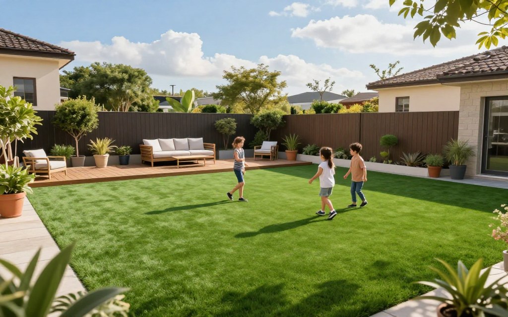 A vibrant and inviting landscape showcasing a lush, non-toxic synthetic turf installation in a sunny residential backyard. In the foreground, a neatly trimmed green turf area with a family happily playing together, dressed in modest, casual clothing. In the middle, a comfortably designed outdoor space with a wooden deck, stylish patio furniture, and potted plants surrounding the turf. In the background, a clear blue sky with soft, fluffy clouds enhances the cheerful mood. Soft sunlight filters through, casting warm, gentle shadows that bring ambiance and depth to the scene. The perspective is slightly elevated, providing a comprehensive view of this safe and eco-friendly turf solution that radiates health and joy. A vibrant and inviting landscape showcasing a lush, non-toxic synthetic turf installation in a sunny residential backyard. In the foreground, a neatly trimmed green turf area with a family happily playing together, dressed in modest, casual clothing. In the middle, a comfortably designed outdoor space with a wooden deck, stylish patio furniture, and potted plants surrounding the turf. In the background, a clear blue sky with soft, fluffy clouds enhances the cheerful mood. Soft sunlight filters through, casting warm, gentle shadows that bring ambiance and depth to the scene. The perspective is slightly elevated, providing a comprehensive view of this safe and eco-friendly turf solution that radiates health and joy.
