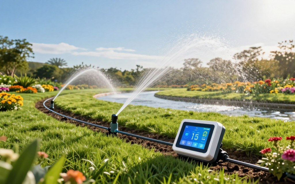 A vibrant and modern outdoor setting showcasing a smart irrigation system. In the foreground, a sleek, high-tech irrigation controller with a digital display, displaying real-time data and settings. Surrounding this are lush green lawns and colorful flower beds, illustrating the effectiveness of drip irrigation lines seamlessly integrated into the soil. In the middle ground, a gentle stream of water can be seen evenly distributing moisture through drip emitters. The background features a clear blue sky, with soft sunlight casting warm tones across the scene, creating a serene and productive atmosphere. Use a wide-angle lens to capture the full landscape, emphasizing innovation and sustainability in lawn care. A vibrant and modern outdoor setting showcasing a smart irrigation system. In the foreground, a sleek, high-tech irrigation controller with a digital display, displaying real-time data and settings. Surrounding this are lush green lawns and colorful flower beds, illustrating the effectiveness of drip irrigation lines seamlessly integrated into the soil. In the middle ground, a gentle stream of water can be seen evenly distributing moisture through drip emitters. The background features a clear blue sky, with soft sunlight casting warm tones across the scene, creating a serene and productive atmosphere. Use a wide-angle lens to capture the full landscape, emphasizing innovation and sustainability in lawn care.