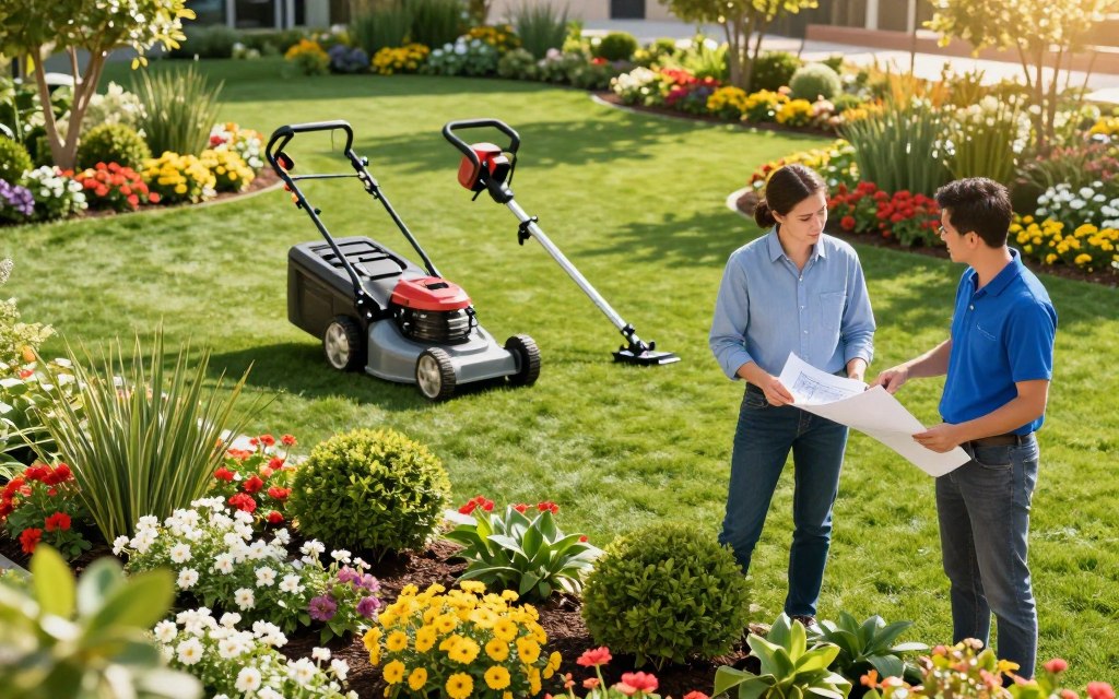 A vibrant commercial landscape maintenance scene showcasing experts at work. In the foreground, two professionals in smart casual attire discuss landscape plans while examining a beautiful garden bed filled with colorful flowers and neatly trimmed shrubs. In the middle ground, a modern electric lawn mower and a gas-powered trimmer are strategically placed, highlighting the comparison between the two technologies. The background features a well-maintained green turf area with neatly arranged flower beds and trees, bathed in warm sunlight to evoke a sense of innovation and expertise. The image is captured from a slightly elevated angle, emphasizing the intricate details of the landscape and the tools, creating a professional yet inviting atmosphere. The lighting is bright, enhancing the colors and textures of the foliage and flowers, while casting soft shadows for depth. A vibrant commercial landscape maintenance scene showcasing experts at work. In the foreground, two professionals in smart casual attire discuss landscape plans while examining a beautiful garden bed filled with colorful flowers and neatly trimmed shrubs. In the middle ground, a modern electric lawn mower and a gas-powered trimmer are strategically placed, highlighting the comparison between the two technologies. The background features a well-maintained green turf area with neatly arranged flower beds and trees, bathed in warm sunlight to evoke a sense of innovation and expertise. The image is captured from a slightly elevated angle, emphasizing the intricate details of the landscape and the tools, creating a professional yet inviting atmosphere. The lighting is bright, enhancing the colors and textures of the foliage and flowers, while casting soft shadows for depth.