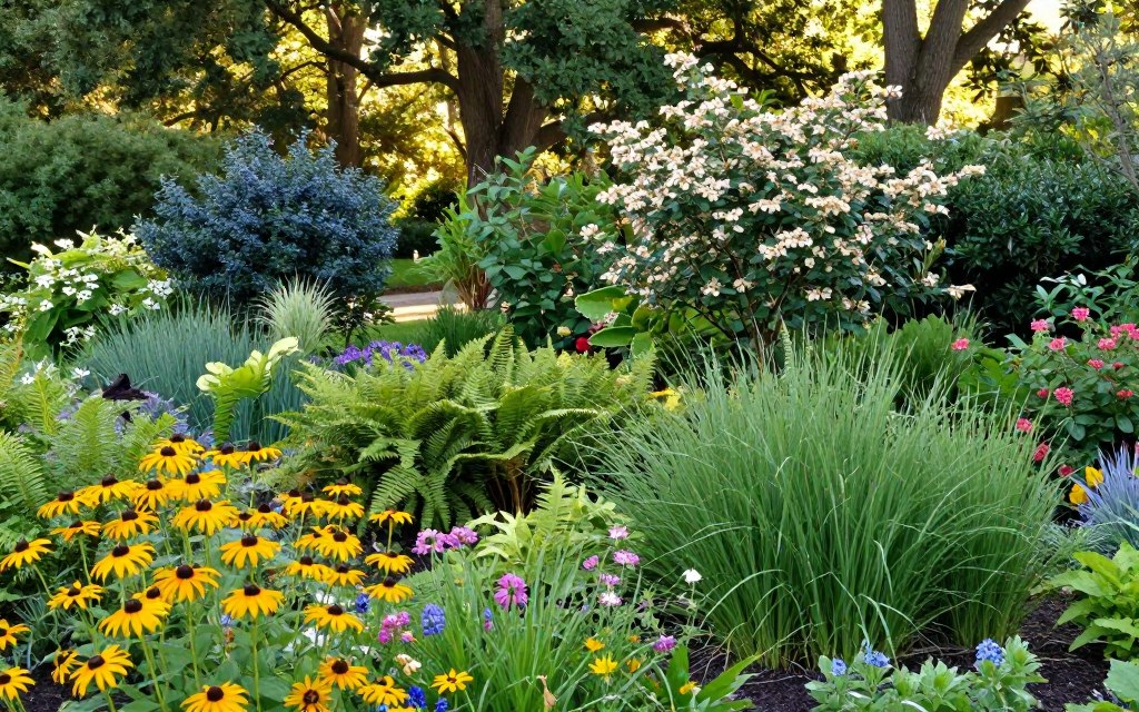 A vibrant garden scene showcasing a diverse selection of biodiversity-friendly plants, emphasizing their beauty and ecological importance. In the foreground, colorful wildflowers like coneflowers and black-eyed Susans attract various pollinators, while lush green ferns and native grasses create a textured ground cover. The middle layer features an array of shrubs like blueberry bushes and flowering dogwoods, providing shelter for wildlife. In the background, a sun-dappled forest edge can be seen, where tall trees such as oak and maple stand majestically. Soft sunlight filters through the leaves, creating a warm and inviting atmosphere. The image should be captured from a slightly elevated angle, offering a broad view of the lush plant life, inviting viewers to appreciate the harmony of nature in this biodiversity-rich habitat. A vibrant garden scene showcasing a diverse selection of biodiversity-friendly plants, emphasizing their beauty and ecological importance. In the foreground, colorful wildflowers like coneflowers and black-eyed Susans attract various pollinators, while lush green ferns and native grasses create a textured ground cover. The middle layer features an array of shrubs like blueberry bushes and flowering dogwoods, providing shelter for wildlife. In the background, a sun-dappled forest edge can be seen, where tall trees such as oak and maple stand majestically. Soft sunlight filters through the leaves, creating a warm and inviting atmosphere. The image should be captured from a slightly elevated angle, offering a broad view of the lush plant life, inviting viewers to appreciate the harmony of nature in this biodiversity-rich habitat.