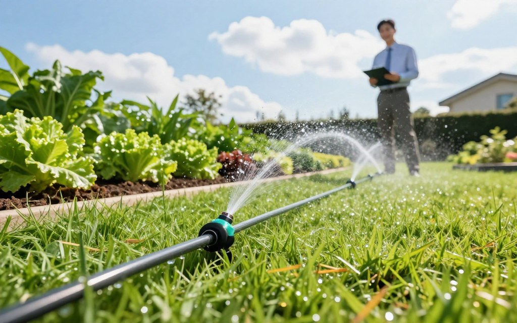 A vibrant garden scene showcasing an efficient irrigation system. In the foreground, a close-up of innovative drip irrigation lines weaving through lush green grass, with tiny droplets of water glistening in the sunlight. In the middle ground, neatly arranged vegetable beds with healthy plants, illustrating the effective use of water. A professional in business casual attire inspects the system, holding a clipboard and looking pleased with the results. In the background, a clear blue sky with soft, fluffy clouds and a subtle hint of a modern home. The lighting is bright and natural, enhancing the colors of the plants and water droplets. The atmosphere conveys a sense of sustainability and innovation in lawn care. A vibrant garden scene showcasing an efficient irrigation system. In the foreground, a close-up of innovative drip irrigation lines weaving through lush green grass, with tiny droplets of water glistening in the sunlight. In the middle ground, neatly arranged vegetable beds with healthy plants, illustrating the effective use of water. A professional in business casual attire inspects the system, holding a clipboard and looking pleased with the results. In the background, a clear blue sky with soft, fluffy clouds and a subtle hint of a modern home. The lighting is bright and natural, enhancing the colors of the plants and water droplets. The atmosphere conveys a sense of sustainability and innovation in lawn care.