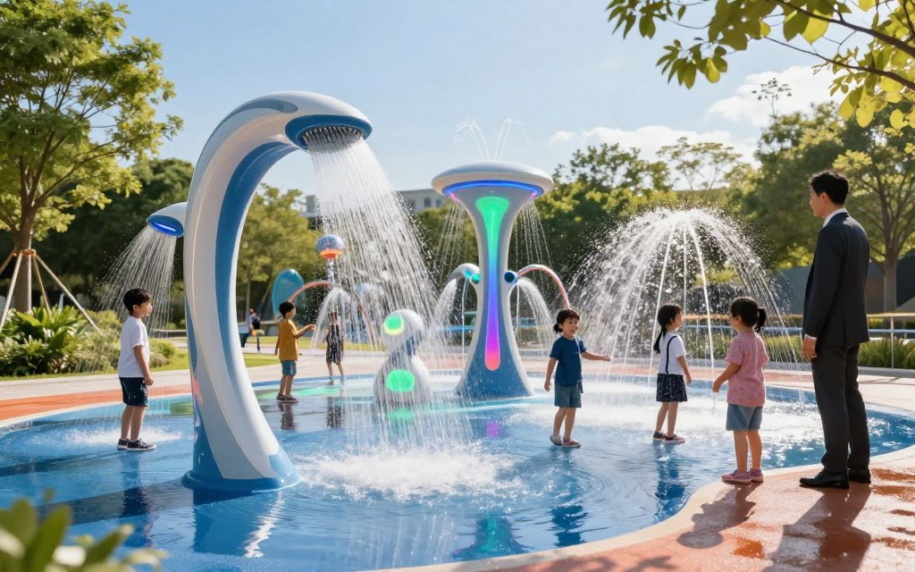 A vibrant, innovative splash pad featuring advanced AI water-saving technology in action. In the foreground, sleek, futuristic water nozzles intelligently controlling water flow, creating a playful area for children. They are wearing professional business attire, enjoying the features while maintaining decorum. The middle ground showcases interactive water features, such as color-changing lights and sensor-activated jets, emphasizing the futuristic design. In the background, lush greenery and a clear blue sky enhance the lively atmosphere, reflecting a modern park setting. Soft, natural sunlight filters through the trees, casting playful shadows on the wet ground. The angle is slightly elevated, capturing both the technological elements of the splash pad and the joy it brings to users, exuding a sense of innovation and environmental consciousness. A vibrant, innovative splash pad featuring advanced AI water-saving technology in action. In the foreground, sleek, futuristic water nozzles intelligently controlling water flow, creating a playful area for children. They are wearing professional business attire, enjoying the features while maintaining decorum. The middle ground showcases interactive water features, such as color-changing lights and sensor-activated jets, emphasizing the futuristic design. In the background, lush greenery and a clear blue sky enhance the lively atmosphere, reflecting a modern park setting. Soft, natural sunlight filters through the trees, casting playful shadows on the wet ground. The angle is slightly elevated, capturing both the technological elements of the splash pad and the joy it brings to users, exuding a sense of innovation and environmental consciousness.