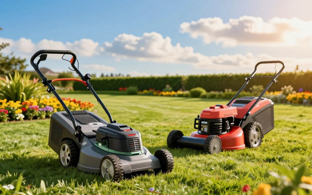 A vibrant landscape maintenance scene contrasting electric and gas equipment. In the foreground, an electric lawn mower and trimmer with a sleek, modern design are placed next to a traditional gas-powered mower and leaf blower, showcasing their distinct styles. In the middle ground, a neatly manicured lawn is visible, with colorful flower beds and hedges, illustrating effective care. The background features a bright blue sky and soft, fluffy clouds, adding to the outdoor ambiance. The lighting is warm and inviting, simulating late afternoon sunshine, enhancing the vivid colors. The atmosphere reflects a professional landscaping environment, with no people present, focusing solely on the contrasting tools. The image should be detailed and realistic, highlighting the key differences between electric and gas equipment in landscape maintenance. A vibrant landscape maintenance scene contrasting electric and gas equipment. In the foreground, an electric lawn mower and trimmer with a sleek, modern design are placed next to a traditional gas-powered mower and leaf blower, showcasing their distinct styles. In the middle ground, a neatly manicured lawn is visible, with colorful flower beds and hedges, illustrating effective care. The background features a bright blue sky and soft, fluffy clouds, adding to the outdoor ambiance. The lighting is warm and inviting, simulating late afternoon sunshine, enhancing the vivid colors. The atmosphere reflects a professional landscaping environment, with no people present, focusing solely on the contrasting tools. The image should be detailed and realistic, highlighting the key differences between electric and gas equipment in landscape maintenance.