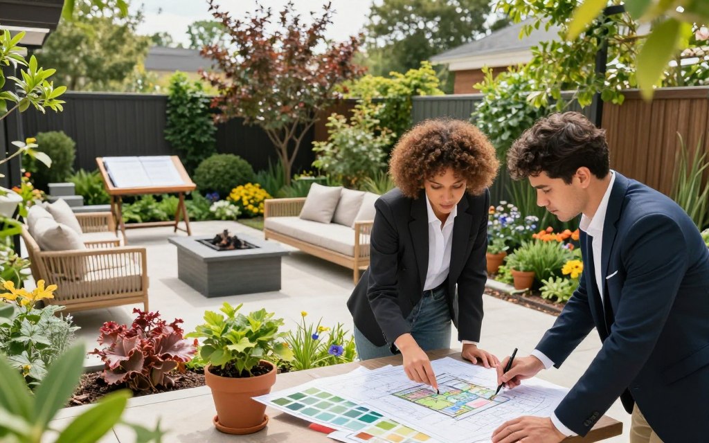 A vibrant outdoor landscape showcasing the benefits of the Design-Build approach in landscaping. In the foreground, a diverse team of two professionals in business attire collaborates over detailed landscaping plans and colorful plant selections. The middle ground features a beautifully designed four-season outdoor room with elegant seating, cozy fire pit, and flourishing plants that change with the seasons, symbolizing functionality and aesthetic appeal. In the background, an architect’s drafting table and a lush garden provide context, with sunny skies and soft, natural lighting enhancing the lively atmosphere. The overall mood is productive and innovative, capturing the synergy between design and construction in landscaping. A vibrant outdoor landscape showcasing the benefits of the Design-Build approach in landscaping. In the foreground, a diverse team of two professionals in business attire collaborates over detailed landscaping plans and colorful plant selections. The middle ground features a beautifully designed four-season outdoor room with elegant seating, cozy fire pit, and flourishing plants that change with the seasons, symbolizing functionality and aesthetic appeal. In the background, an architect’s drafting table and a lush garden provide context, with sunny skies and soft, natural lighting enhancing the lively atmosphere. The overall mood is productive and innovative, capturing the synergy between design and construction in landscaping.