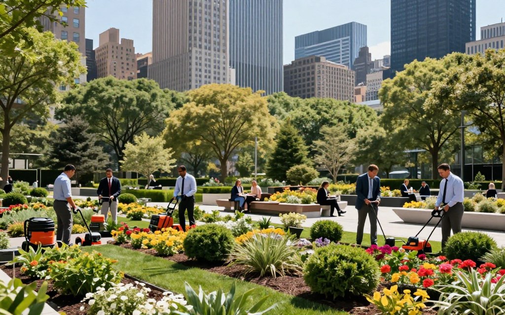 A vibrant scene showcasing commercial landscaping in New York City. In the foreground, a diverse team of landscape maintenance professionals in business attire, using electric and gas-powered equipment, attentively tending to lush gardens filled with colorful flowers and well-trimmed shrubs. The middle ground features a beautifully manicured park area, complete with decorative trees and modern benches, where businesspeople can be seen enjoying their lunch break. In the background, iconic skyscrapers loom against a clear blue sky, while soft sunlight bathes the landscape, casting gentle shadows. The atmosphere conveys a blend of urban life and nature, highlighting the balance of greenery in a bustling city. The image should be taken from a slightly elevated angle to capture the full essence of the scene. A vibrant scene showcasing commercial landscaping in New York City. In the foreground, a diverse team of landscape maintenance professionals in business attire, using electric and gas-powered equipment, attentively tending to lush gardens filled with colorful flowers and well-trimmed shrubs. The middle ground features a beautifully manicured park area, complete with decorative trees and modern benches, where businesspeople can be seen enjoying their lunch break. In the background, iconic skyscrapers loom against a clear blue sky, while soft sunlight bathes the landscape, casting gentle shadows. The atmosphere conveys a blend of urban life and nature, highlighting the balance of greenery in a bustling city. The image should be taken from a slightly elevated angle to capture the full essence of the scene.