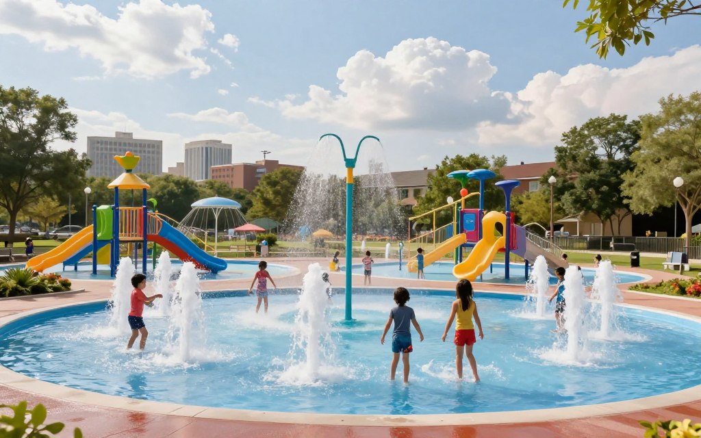A vibrant summer scene featuring multiple splash pads across the United States, showcasing various designs and colors. In the foreground, children in modest casual clothing play joyfully, splashing through a series of interconnected spray features and fountains. The middle of the image reveals diverse splash pad environments: from urban parks with cityscapes in the background to serene suburban settings surrounded by greenery. In the background, a bright blue sky filled with soft, fluffy clouds enhances the cheerful mood. The image should have warm, natural lighting to evoke a sunny day, captured from a slightly elevated angle to provide a comprehensive view of these innovative water-saving installations. The overall atmosphere is lively and refreshing, embodying fun and community engagement. A vibrant summer scene featuring multiple splash pads across the United States, showcasing various designs and colors. In the foreground, children in modest casual clothing play joyfully, splashing through a series of interconnected spray features and fountains. The middle of the image reveals diverse splash pad environments: from urban parks with cityscapes in the background to serene suburban settings surrounded by greenery. In the background, a bright blue sky filled with soft, fluffy clouds enhances the cheerful mood. The image should have warm, natural lighting to evoke a sunny day, captured from a slightly elevated angle to provide a comprehensive view of these innovative water-saving installations. The overall atmosphere is lively and refreshing, embodying fun and community engagement.