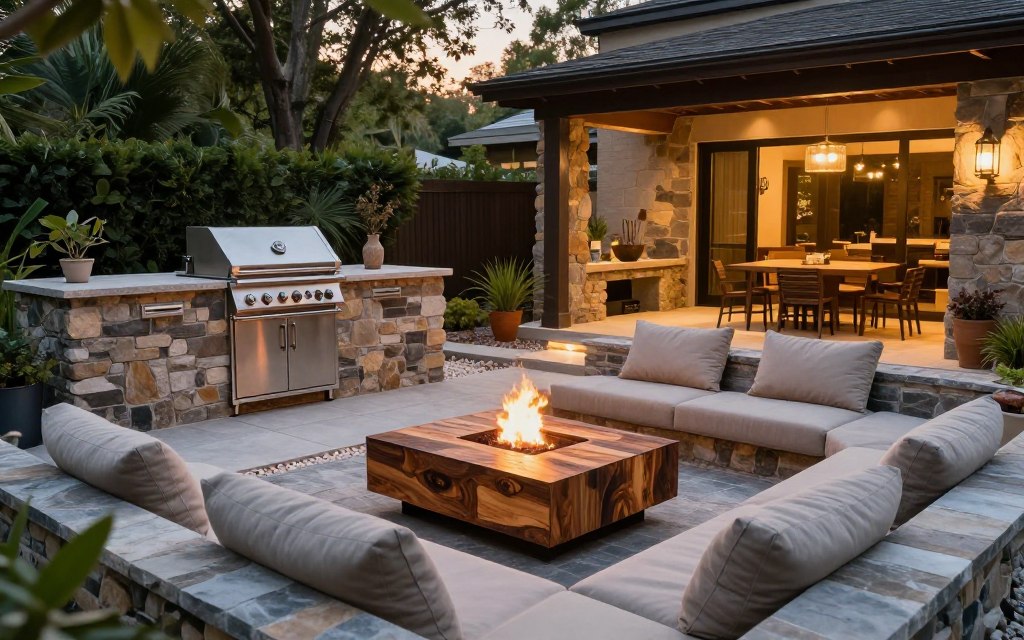 An inviting outdoor living space designed for all seasons, featuring a blend of natural stone and weather-resistant wood. In the foreground, a stylish seating area with plush, durable cushions arranged around a modern coffee table crafted from recycled materials. To the left, a sleek outdoor kitchen equipped with stainless steel appliances and a built-in grill, seamlessly blending modern technology with rustic charm. The middle ground showcases a fire pit, surrounded by decorative pebbles and lush greenery, ensuring warmth on cooler evenings. In the background, a cozy overhang with modern lighting fixtures creates a welcoming atmosphere, casting a soft glow at dusk. The scene captures a serene evening with warm, golden lighting, emphasizing the harmonious fusion of nature and technology in outdoor design. An inviting outdoor living space designed for all seasons, featuring a blend of natural stone and weather-resistant wood. In the foreground, a stylish seating area with plush, durable cushions arranged around a modern coffee table crafted from recycled materials. To the left, a sleek outdoor kitchen equipped with stainless steel appliances and a built-in grill, seamlessly blending modern technology with rustic charm. The middle ground showcases a fire pit, surrounded by decorative pebbles and lush greenery, ensuring warmth on cooler evenings. In the background, a cozy overhang with modern lighting fixtures creates a welcoming atmosphere, casting a soft glow at dusk. The scene captures a serene evening with warm, golden lighting, emphasizing the harmonious fusion of nature and technology in outdoor design.