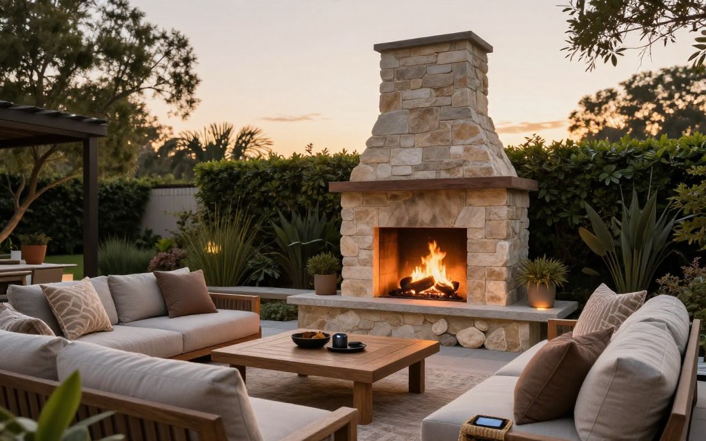 An inviting outdoor living space designed for comfort and relaxation, featuring a modern stone fireplace as a focal point. In the foreground, plush seating arrangements with stylish cushions surround a low wooden coffee table, providing warmth and a cozy atmosphere. In the middle ground, the fireplace emits a soft, flickering glow, surrounded by carefully arranged stones, while subtle smart lighting enhances the ambiance. The background showcases lush greenery and softly swaying trees under a warm, golden hour sky. The scene should convey a serene and harmonious blend of nature and technology, emphasizing luxury and comfort in an outdoor setting. Capture this scene from a slightly elevated angle to provide depth and perspective, ensuring the overall mood is inviting and tranquil. An inviting outdoor living space designed for comfort and relaxation, featuring a modern stone fireplace as a focal point. In the foreground, plush seating arrangements with stylish cushions surround a low wooden coffee table, providing warmth and a cozy atmosphere. In the middle ground, the fireplace emits a soft, flickering glow, surrounded by carefully arranged stones, while subtle smart lighting enhances the ambiance. The background showcases lush greenery and softly swaying trees under a warm, golden hour sky. The scene should convey a serene and harmonious blend of nature and technology, emphasizing luxury and comfort in an outdoor setting. Capture this scene from a slightly elevated angle to provide depth and perspective, ensuring the overall mood is inviting and tranquil.
