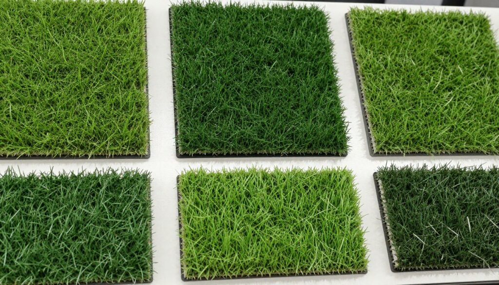 Array of synthetic turf samples showing different textures and colors