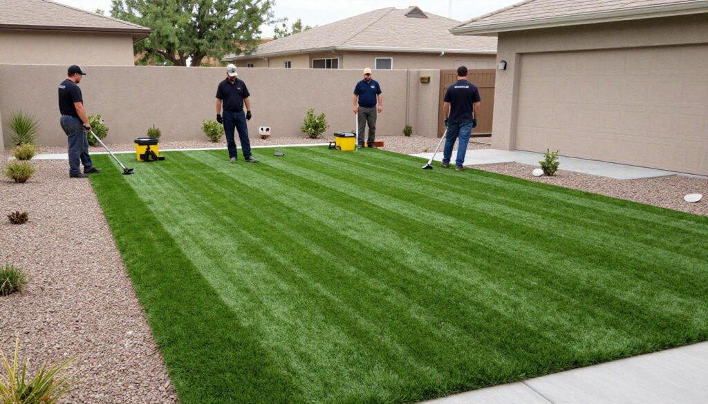 Professional crew installing synthetic turf in Las Vegas residential yard