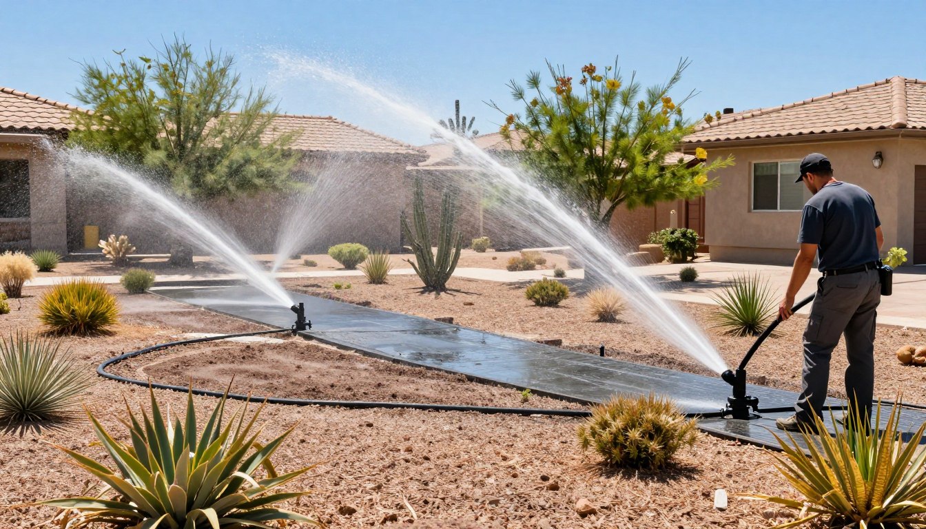 Professional irrigation services and system installation in Las Vegas desert landscape with modern sprinkler heads