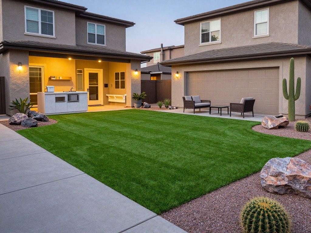 Residential backyard with synthetic turf installation in Las Vegas neighborhood
