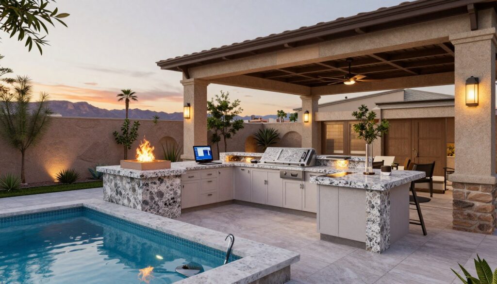 3D landscape design rendering showing outdoor kitchen and pool area in North Las Vegas 3D landscape design rendering showing outdoor kitchen and pool area in North Las Vegas