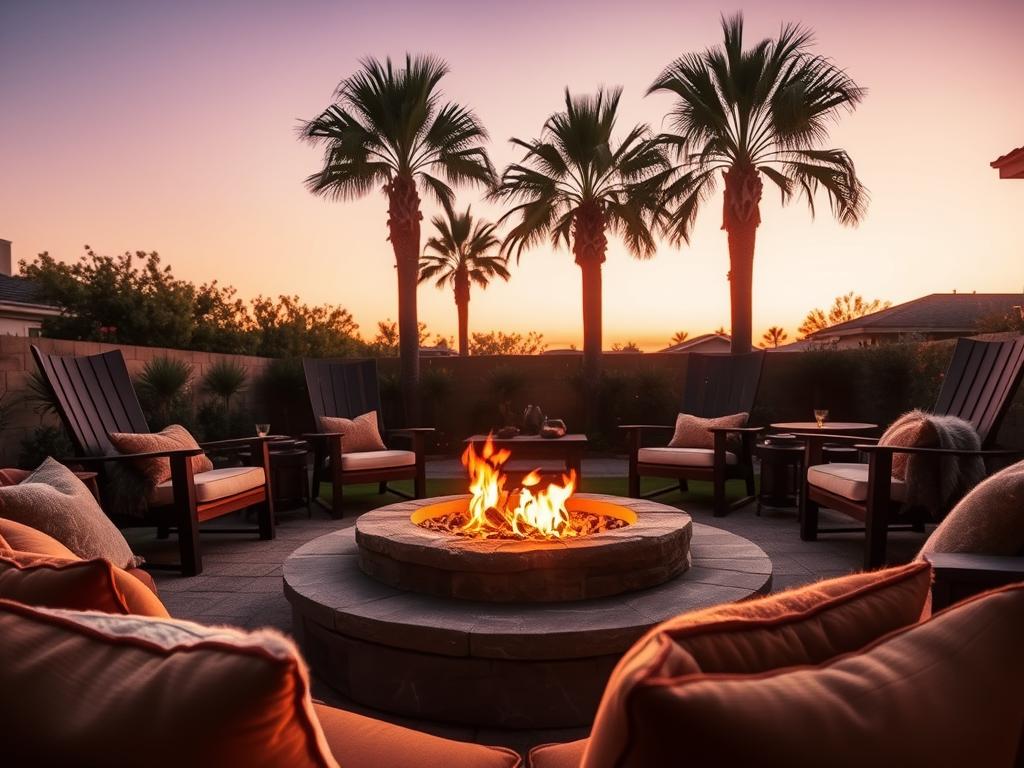 A beautifully designed outdoor fire pit surrounded by cozy seating, nestled in a lush backyard. In the foreground, plush cushions and soft throws in warm colors invite relaxation. The middle showcases a circular stone fire pit, radiating soft, flickering flames, casting a gentle glow on the surroundings. Surrounding the fire pit, elegant wooden chairs, adorned with faux fur throws, create a welcoming atmosphere. In the background, tall palm trees sway gently against a twilight sky, transitioning from sunset to starry night. Warm ambient lighting illuminates the scene, enhancing the inviting mood. Capture the image with a slightly elevated angle, using a soft focus to highlight the warmth and coziness of this intimate outdoor oasis. A beautifully designed outdoor fire pit surrounded by cozy seating, nestled in a lush backyard. In the foreground, plush cushions and soft throws in warm colors invite relaxation. The middle showcases a circular stone fire pit, radiating soft, flickering flames, casting a gentle glow on the surroundings. Surrounding the fire pit, elegant wooden chairs, adorned with faux fur throws, create a welcoming atmosphere. In the background, tall palm trees sway gently against a twilight sky, transitioning from sunset to starry night. Warm ambient lighting illuminates the scene, enhancing the inviting mood. Capture the image with a slightly elevated angle, using a soft focus to highlight the warmth and coziness of this intimate outdoor oasis.
