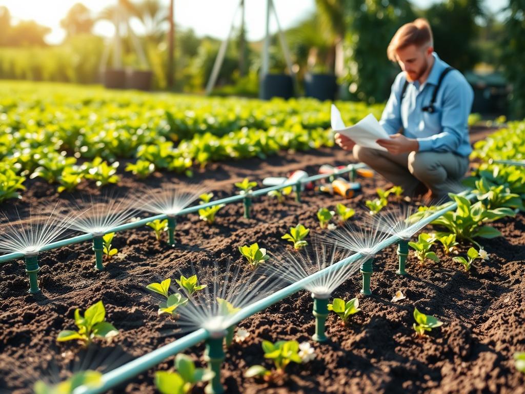 A detailed illustration of a customized irrigation system design in a lush garden setting. In the foreground, show an intricately arranged layout of sprinklers and drip irrigation lines on rich, dark soil, with small plants and flowers blooming around them. In the middle ground, include a technician in professional attire, carefully examining blueprints and making adjustments to the irrigation system, with tools and equipment nearby. The background features a variety of healthy crops and greenery under bright, natural sunlight, casting gentle shadows. The mood is professional and focused, with a sense of innovation and sustainability. Capture the scene from a slightly elevated angle for a comprehensive view, ensuring clarity in the technical details of the irrigation system itself. A detailed illustration of a customized irrigation system design in a lush garden setting. In the foreground, show an intricately arranged layout of sprinklers and drip irrigation lines on rich, dark soil, with small plants and flowers blooming around them. In the middle ground, include a technician in professional attire, carefully examining blueprints and making adjustments to the irrigation system, with tools and equipment nearby. The background features a variety of healthy crops and greenery under bright, natural sunlight, casting gentle shadows. The mood is professional and focused, with a sense of innovation and sustainability. Capture the scene from a slightly elevated angle for a comprehensive view, ensuring clarity in the technical details of the irrigation system itself.