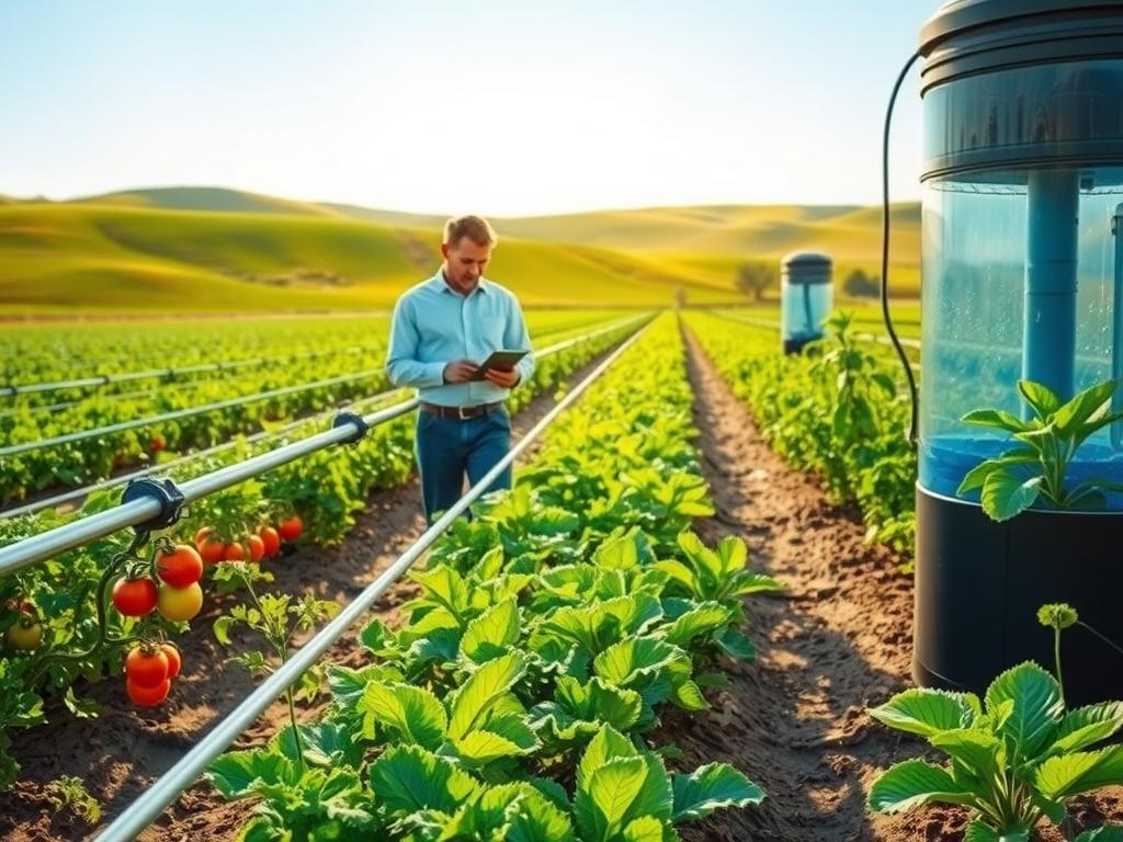 A lush, green agricultural landscape showcasing efficient water management techniques. In the foreground, a network of drip irrigation systems with gleaming tubes snaking through rows of vibrant crops, such as tomatoes and lettuce. In the middle, a professional, observant agronomist in smart casual attire inspects the irrigation setup, jotting notes on a digital tablet. To the right, a modern rainwater harvesting system collects water in a stylish reservoir. The background reveals gentle rolling hills and a clear blue sky, with warm sunlight casting soft shadows and highlighting the vibrant colors of nature. The overall atmosphere is one of innovation and sustainability, emphasizing the importance of smart water resource utilization in agriculture. A lush, green agricultural landscape showcasing efficient water management techniques. In the foreground, a network of drip irrigation systems with gleaming tubes snaking through rows of vibrant crops, such as tomatoes and lettuce. In the middle, a professional, observant agronomist in smart casual attire inspects the irrigation setup, jotting notes on a digital tablet. To the right, a modern rainwater harvesting system collects water in a stylish reservoir. The background reveals gentle rolling hills and a clear blue sky, with warm sunlight casting soft shadows and highlighting the vibrant colors of nature. The overall atmosphere is one of innovation and sustainability, emphasizing the importance of smart water resource utilization in agriculture.