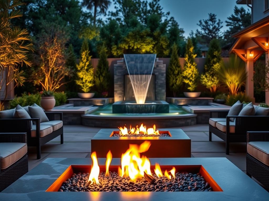 A luxurious backyard scene showcasing a harmonious integration of fire and water features. In the foreground, a modern fire pit emanates a warm glow, surrounded by comfortable outdoor seating. The middle ground features a sleek, contemporary water fountain with cascading water, reflecting soft ambient lighting. Behind, lush greenery and strategically placed lighting create a serene atmosphere. The scene is viewed from a low angle to emphasize the elegance of the design. The color palette is rich, with warm oranges and cool blues, capturing a tranquil yet vibrant ambiance. The lighting is soft, evoking a cozy evening setting, suitable for relaxation and gathering, with no human presence in the scene. A luxurious backyard scene showcasing a harmonious integration of fire and water features. In the foreground, a modern fire pit emanates a warm glow, surrounded by comfortable outdoor seating. The middle ground features a sleek, contemporary water fountain with cascading water, reflecting soft ambient lighting. Behind, lush greenery and strategically placed lighting create a serene atmosphere. The scene is viewed from a low angle to emphasize the elegance of the design. The color palette is rich, with warm oranges and cool blues, capturing a tranquil yet vibrant ambiance. The lighting is soft, evoking a cozy evening setting, suitable for relaxation and gathering, with no human presence in the scene.