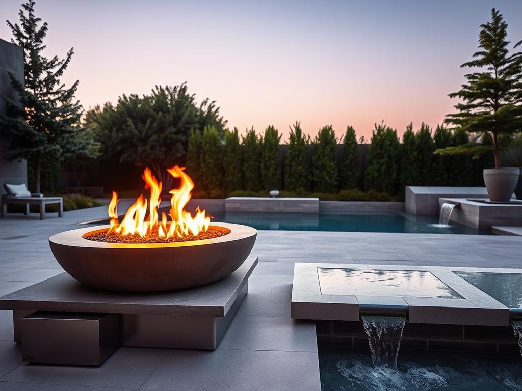 A luxurious outdoor space featuring a striking concrete fire pit surrounded by sleek stainless steel accents. In the foreground, flames flicker and dance elegantly atop the fire pit, casting warm, golden light. The middle ground showcases an innovative water feature, where crystal-clear water cascades over smooth concrete ledges into a serene reflecting pool. In the background, lush greenery and well-manicured hedges frame the scene, enhancing the tranquil atmosphere. The image is captured under soft twilight, with a chiaroscuro effect highlighting the materials' textures. Use a wide-angle lens to emphasize depth, bringing the viewer into this upscale oasis of fire and water, evoking a sense of luxury and relaxation. A luxurious outdoor space featuring a striking concrete fire pit surrounded by sleek stainless steel accents. In the foreground, flames flicker and dance elegantly atop the fire pit, casting warm, golden light. The middle ground showcases an innovative water feature, where crystal-clear water cascades over smooth concrete ledges into a serene reflecting pool. In the background, lush greenery and well-manicured hedges frame the scene, enhancing the tranquil atmosphere. The image is captured under soft twilight, with a chiaroscuro effect highlighting the materials' textures. Use a wide-angle lens to emphasize depth, bringing the viewer into this upscale oasis of fire and water, evoking a sense of luxury and relaxation.