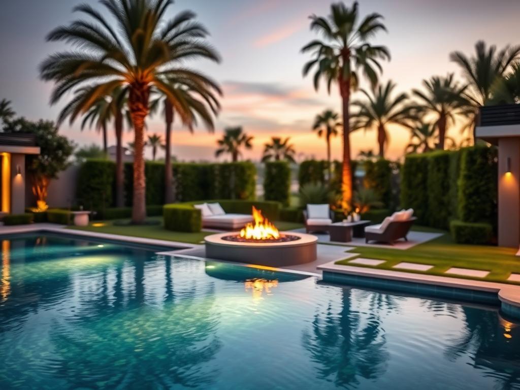A luxurious yard design featuring a harmonious blend of fire and water elements. In the foreground, a stunning infinity pool glimmers under soft ambient lighting, the surface reflecting delicate shades of blue and gold. Beside it, a contemporary fire pit with elegant seating surrounds, casting a warm glow. In the middle, lush greenery and meticulously pruned hedges create a vibrant contrast with the cool tones of water. Stylish outdoor furniture, arranged for relaxation, enhances the inviting atmosphere. In the background, tall palm trees sway gently in a serene sunset sky, while soft bokeh adds depth. The scene suggests tranquility and sophistication, perfect for a luxury outdoor retreat. Camera angle slightly elevated, capturing an expansive view of this oasis. No people are present, ensuring a focus on the exquisite design. A luxurious yard design featuring a harmonious blend of fire and water elements. In the foreground, a stunning infinity pool glimmers under soft ambient lighting, the surface reflecting delicate shades of blue and gold. Beside it, a contemporary fire pit with elegant seating surrounds, casting a warm glow. In the middle, lush greenery and meticulously pruned hedges create a vibrant contrast with the cool tones of water. Stylish outdoor furniture, arranged for relaxation, enhances the inviting atmosphere. In the background, tall palm trees sway gently in a serene sunset sky, while soft bokeh adds depth. The scene suggests tranquility and sophistication, perfect for a luxury outdoor retreat. Camera angle slightly elevated, capturing an expansive view of this oasis. No people are present, ensuring a focus on the exquisite design.