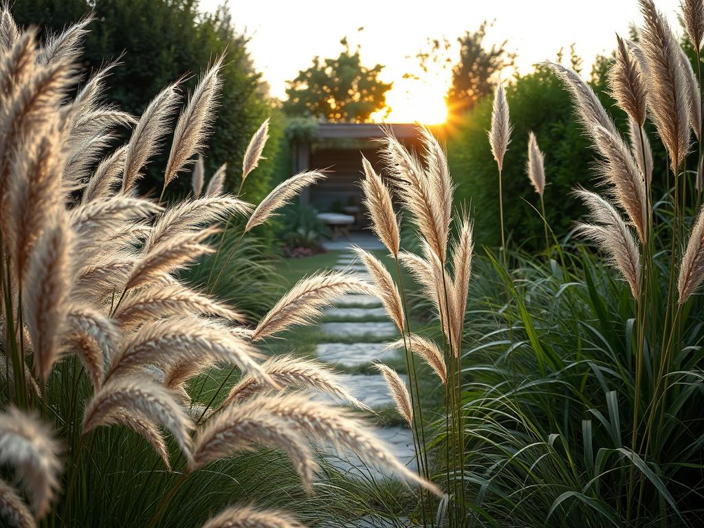 A serene backyard oasis featuring a diverse array of ornamental grasses in the foreground, showcasing their varying heights and textures. Soft, feathery plumes dominate the scene, with graceful blades swaying gently in a warm afternoon breeze. In the middle ground, a subtle stone path winds through the grasses, leading towards a cozy seating area framed by lush greenery. The background reveals a muted sunset sky, casting golden hues that filter through the grass, creating a warm, inviting atmosphere. The image should capture a sense of tranquility and privacy, emphasizing the natural beauty of the plants. Use soft, diffused lighting to enhance the textures and the overall peaceful mood, shot from a slightly elevated angle to provide a comprehensive view of this tranquil retreat. A serene backyard oasis featuring a diverse array of ornamental grasses in the foreground, showcasing their varying heights and textures. Soft, feathery plumes dominate the scene, with graceful blades swaying gently in a warm afternoon breeze. In the middle ground, a subtle stone path winds through the grasses, leading towards a cozy seating area framed by lush greenery. The background reveals a muted sunset sky, casting golden hues that filter through the grass, creating a warm, inviting atmosphere. The image should capture a sense of tranquility and privacy, emphasizing the natural beauty of the plants. Use soft, diffused lighting to enhance the textures and the overall peaceful mood, shot from a slightly elevated angle to provide a comprehensive view of this tranquil retreat.