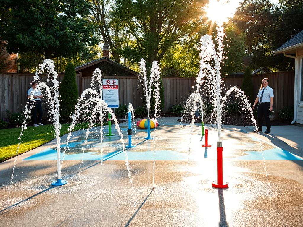 A serene backyard scene featuring a vibrant splash pad designed for family fun and safety. In the foreground, colorful water jets spray upwards, creating playful arcs of water, while rubberized safety mats surround the area to prevent slips. In the middle ground, a well-maintained space with clear signage indicating safety rules and no running policies, complemented by adult supervision in professional attire, ensures a responsible atmosphere. In the background, a lush garden and a privacy fence enhance the backyard's appeal while offering a sense of security. Soft, warm sunlight filters through the trees, casting playful shadows on the ground, evoking a cheerful and inviting ambiance perfect for family enjoyment. The image captures both the joy and safety measures essential for a fun splashing experience. A serene backyard scene featuring a vibrant splash pad designed for family fun and safety. In the foreground, colorful water jets spray upwards, creating playful arcs of water, while rubberized safety mats surround the area to prevent slips. In the middle ground, a well-maintained space with clear signage indicating safety rules and no running policies, complemented by adult supervision in professional attire, ensures a responsible atmosphere. In the background, a lush garden and a privacy fence enhance the backyard's appeal while offering a sense of security. Soft, warm sunlight filters through the trees, casting playful shadows on the ground, evoking a cheerful and inviting ambiance perfect for family enjoyment. The image captures both the joy and safety measures essential for a fun splashing experience.