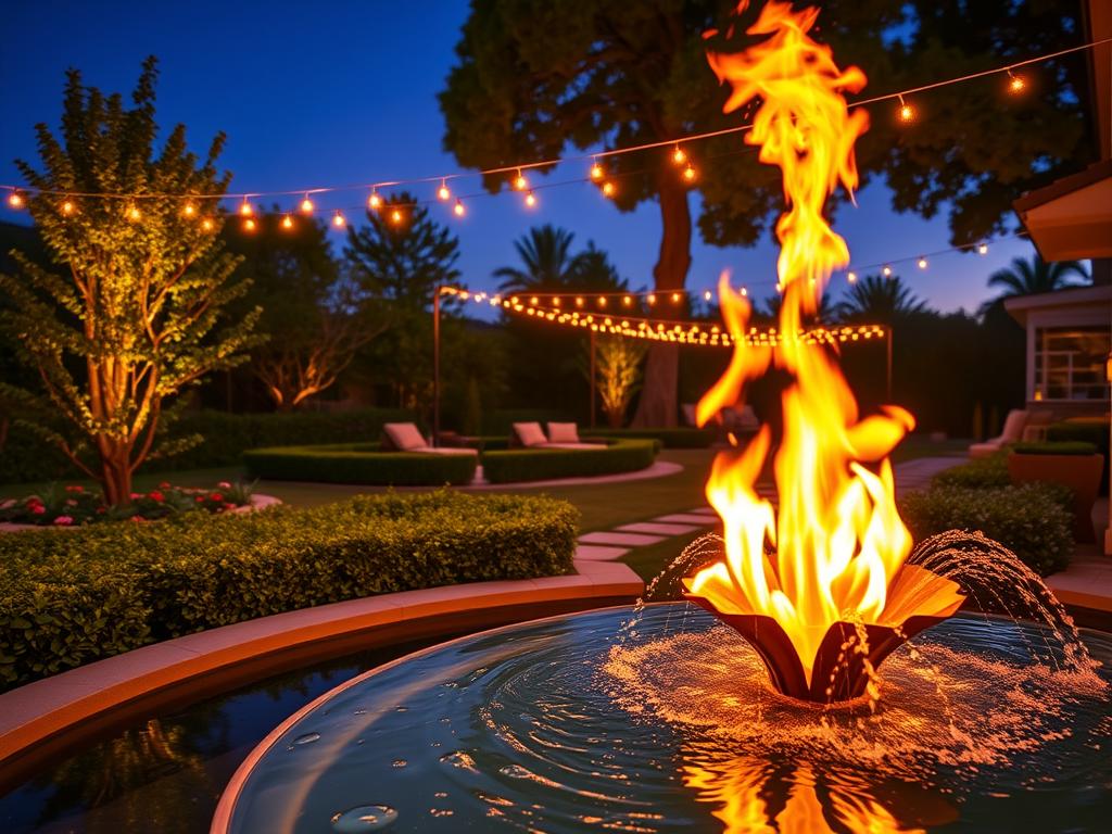 A serene outdoor setting featuring an elegant fire fountain as the centerpiece, designed to enhance luxury ambiance. In the foreground, the fountain's flames dance gracefully above a clear pool of water, casting flickering reflections. The middle section reveals lush greenery, including manicured hedges and vibrant flowers, softly illuminated by warm, golden lighting. In the background, a beautifully landscaped yard with twinkling string lights creates a cozy atmosphere. The scene captures a twilight hour, where deep blue skies transition to soft purples, enhancing the dreamlike quality. Use a wide-angle lens to encompass the entirety of the yard while emphasizing the fire fountain's luxurious design. The overall mood is inviting, creating a captivating and tranquil retreat. A serene outdoor setting featuring an elegant fire fountain as the centerpiece, designed to enhance luxury ambiance. In the foreground, the fountain's flames dance gracefully above a clear pool of water, casting flickering reflections. The middle section reveals lush greenery, including manicured hedges and vibrant flowers, softly illuminated by warm, golden lighting. In the background, a beautifully landscaped yard with twinkling string lights creates a cozy atmosphere. The scene captures a twilight hour, where deep blue skies transition to soft purples, enhancing the dreamlike quality. Use a wide-angle lens to encompass the entirety of the yard while emphasizing the fire fountain's luxurious design. The overall mood is inviting, creating a captivating and tranquil retreat.