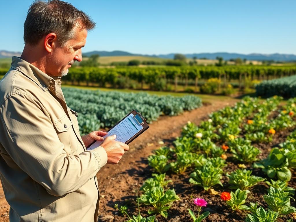 A skilled irrigation specialist carefully examines a climate-smart irrigation system in a vibrant, lush garden setting, showcasing local expertise. In the foreground, a professional in modest casual clothing holds a clipboard and points towards a row of intelligently designed drip irrigation lines. The middle ground features thriving plants and flowers, demonstrating the successful application of sustainable watering techniques. In the background, a clear blue sky and distant hills evoke a peaceful rural landscape. Soft, natural lighting highlights the specialist's focused expression while casting gentle shadows on the ground to create depth. The entire scene conveys a sense of professionalism, expertise, and dedication to environmentally friendly irrigation practices. A skilled irrigation specialist carefully examines a climate-smart irrigation system in a vibrant, lush garden setting, showcasing local expertise. In the foreground, a professional in modest casual clothing holds a clipboard and points towards a row of intelligently designed drip irrigation lines. The middle ground features thriving plants and flowers, demonstrating the successful application of sustainable watering techniques. In the background, a clear blue sky and distant hills evoke a peaceful rural landscape. Soft, natural lighting highlights the specialist's focused expression while casting gentle shadows on the ground to create depth. The entire scene conveys a sense of professionalism, expertise, and dedication to environmentally friendly irrigation practices.