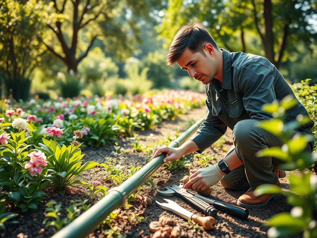 A skilled technician performing expert maintenance on an irrigation system in a lush garden. In the foreground, the technician, dressed in a professional uniform, is carefully inspecting a section of green piping, tools laid out neatly beside them. The middle ground showcases a variety of flowering plants and vibrant greenery, emphasizing the importance of a healthy ecosystem. In the background, soft sunlight filters through the trees, creating dappled shadows on the ground, evoking a serene and productive atmosphere. The angle captures the technician's focused expression as they work diligently, showcasing their expertise. The overall mood is one of professionalism, dedication, and the satisfaction of timely repairs, highlighting the effectiveness of proper maintenance in horticulture. A skilled technician performing expert maintenance on an irrigation system in a lush garden. In the foreground, the technician, dressed in a professional uniform, is carefully inspecting a section of green piping, tools laid out neatly beside them. The middle ground showcases a variety of flowering plants and vibrant greenery, emphasizing the importance of a healthy ecosystem. In the background, soft sunlight filters through the trees, creating dappled shadows on the ground, evoking a serene and productive atmosphere. The angle captures the technician's focused expression as they work diligently, showcasing their expertise. The overall mood is one of professionalism, dedication, and the satisfaction of timely repairs, highlighting the effectiveness of proper maintenance in horticulture.