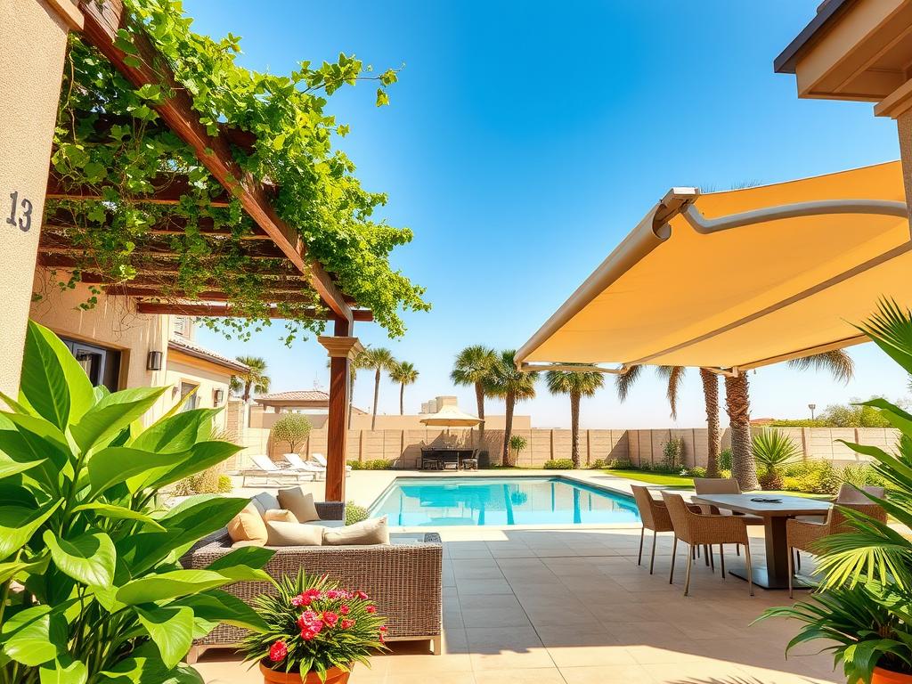 A tranquil backyard oasis featuring elegant awnings and pergolas, designed for optimal shade. In the foreground, lush green potted plants and colorful flowers surround a modern outdoor seating area with stylish, comfortable furniture, inviting relaxation. The middle ground showcases a large wooden pergola adorned with climbing vines, providing dappled sunlight, while a retractable awning extends over a cozy dining table, perfect for alfresco meals. In the background, a serene swimming pool reflects the clear blue sky, framed by palm trees that sway gently in the breeze. The scene is illuminated by warm afternoon sunlight, creating a peaceful, inviting atmosphere that exudes comfort and elegance, captured with a wide-angle lens to enhance depth. A tranquil backyard oasis featuring elegant awnings and pergolas, designed for optimal shade. In the foreground, lush green potted plants and colorful flowers surround a modern outdoor seating area with stylish, comfortable furniture, inviting relaxation. The middle ground showcases a large wooden pergola adorned with climbing vines, providing dappled sunlight, while a retractable awning extends over a cozy dining table, perfect for alfresco meals. In the background, a serene swimming pool reflects the clear blue sky, framed by palm trees that sway gently in the breeze. The scene is illuminated by warm afternoon sunlight, creating a peaceful, inviting atmosphere that exudes comfort and elegance, captured with a wide-angle lens to enhance depth.