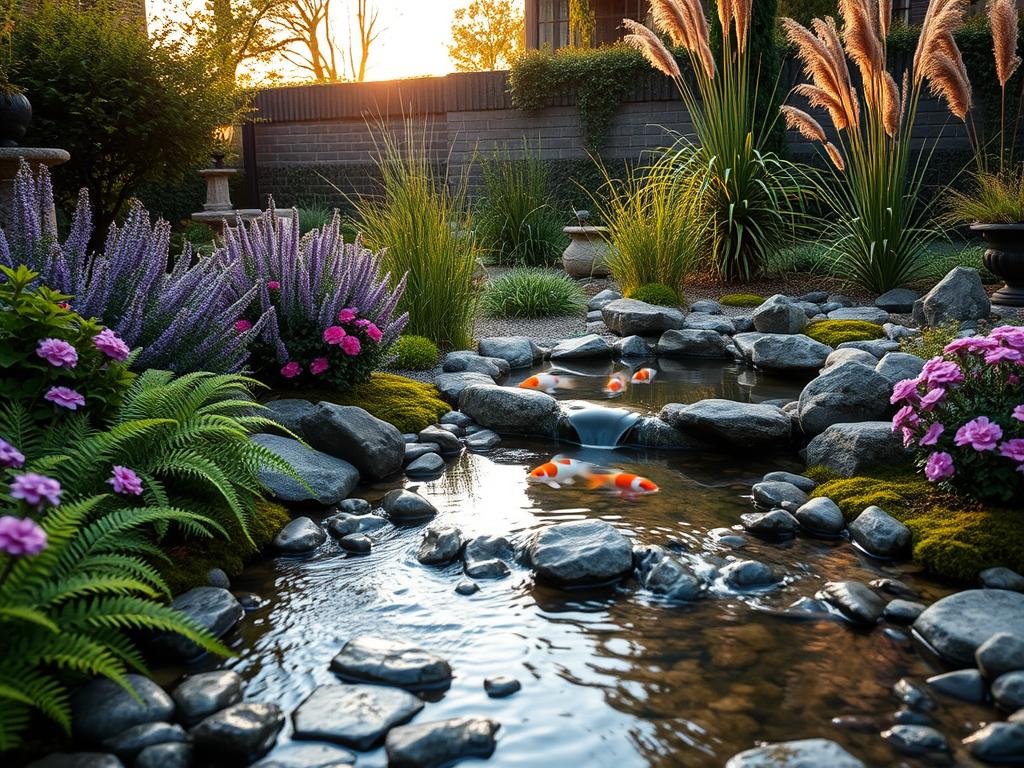A tranquil garden scene featuring a serene water feature as the focal point. In the foreground, a gently flowing stream with smooth pebbles is surrounded by lush green ferns and vibrant flower beds in hues of lavender and pink. The middle ground showcases a small, picturesque pond with koi fish swimming gracefully, bordered by elegant stones and soft moss. In the background, tall ornamental grasses sway gently in the breeze, and there are tasteful garden lights softly illuminating the scene. The atmosphere is calm and inviting, with warm, golden hour sunlight casting gentle reflections on the water surface. Capture this scene from a slightly elevated angle to provide a sense of depth and tranquility, inviting the viewer to imagine themselves in this peaceful oasis. A tranquil garden scene featuring a serene water feature as the focal point. In the foreground, a gently flowing stream with smooth pebbles is surrounded by lush green ferns and vibrant flower beds in hues of lavender and pink. The middle ground showcases a small, picturesque pond with koi fish swimming gracefully, bordered by elegant stones and soft moss. In the background, tall ornamental grasses sway gently in the breeze, and there are tasteful garden lights softly illuminating the scene. The atmosphere is calm and inviting, with warm, golden hour sunlight casting gentle reflections on the water surface. Capture this scene from a slightly elevated angle to provide a sense of depth and tranquility, inviting the viewer to imagine themselves in this peaceful oasis.