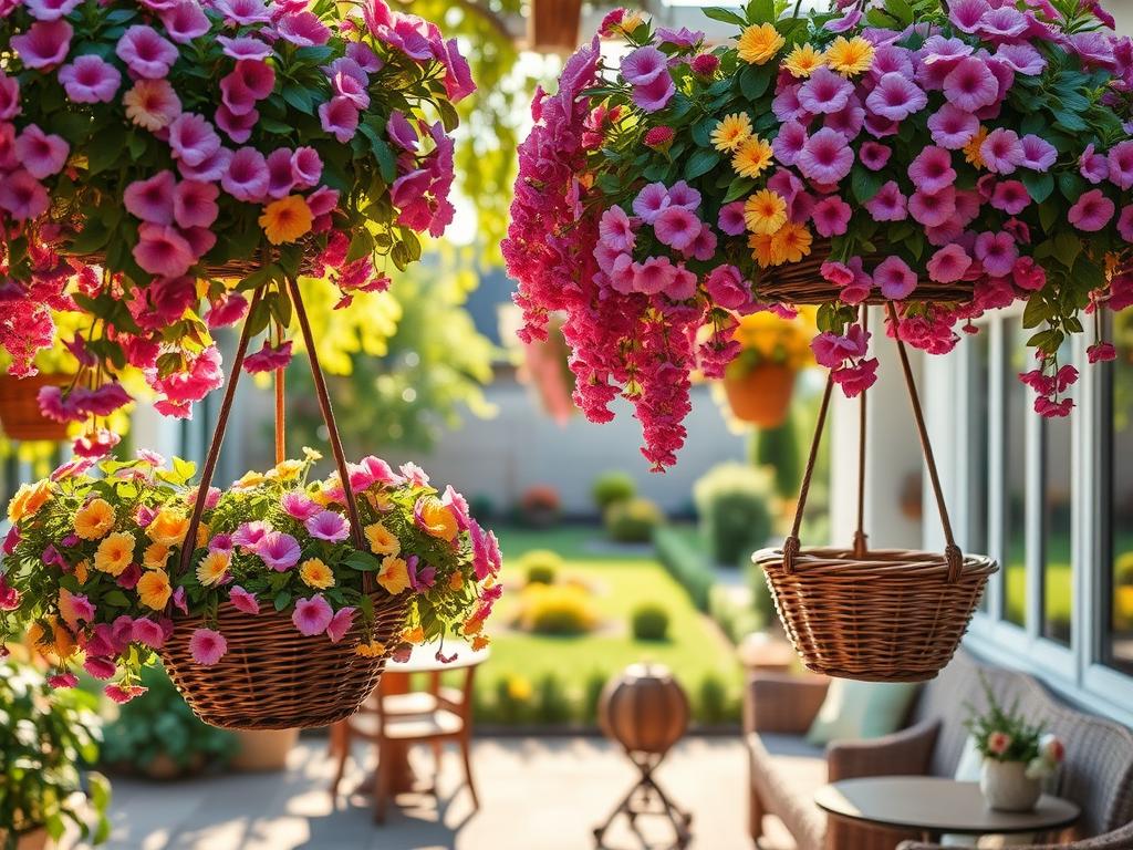 A tranquil outdoor space adorned with lush hanging flower baskets, showcasing vibrant blooms in shades of pink, purple, and yellow. In the foreground, several ornate wicker baskets, overflowing with cascading flowers, create a charming visual focal point. The middle ground features a cozy patio with rustic furniture, where sunlight filters through the foliage, casting gentle patterns on the ground. In the background, a serene garden with well-maintained greenery complements the scene, evoking a sense of peaceful retreat. The lighting is warm and inviting, suggesting a late afternoon ambiance, with soft shadows enhancing the beauty of the flowers. Capture the essence of outdoor charm, perfect for a backyard oasis. A tranquil outdoor space adorned with lush hanging flower baskets, showcasing vibrant blooms in shades of pink, purple, and yellow. In the foreground, several ornate wicker baskets, overflowing with cascading flowers, create a charming visual focal point. The middle ground features a cozy patio with rustic furniture, where sunlight filters through the foliage, casting gentle patterns on the ground. In the background, a serene garden with well-maintained greenery complements the scene, evoking a sense of peaceful retreat. The lighting is warm and inviting, suggesting a late afternoon ambiance, with soft shadows enhancing the beauty of the flowers. Capture the essence of outdoor charm, perfect for a backyard oasis.