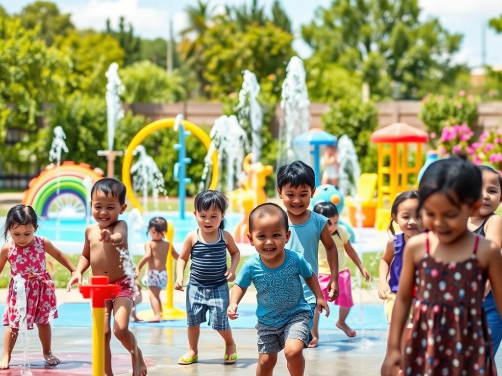 A vibrant backyard scene showcasing multiple splash pad ideas for summer fun. In the foreground, children of diverse backgrounds joyfully interact with playful water jets and colorful fountains, wearing modest casual clothing. The middle layer features a variety of splash pad designs, including a rainbow-colored water structure, whimsical animal figures spraying water, and interactive water games surrounded by mats. In the background, a sunny garden with greenery, blooming flowers, and a bright blue sky creates a cheerful atmosphere. The lighting is warm and inviting, mimicking a summer afternoon glow. The scene captures the essence of joy and laughter, encouraging outdoor play and water fun. Focused perspective with a slight tilt to emphasize depth and engagement. A vibrant backyard scene showcasing multiple splash pad ideas for summer fun. In the foreground, children of diverse backgrounds joyfully interact with playful water jets and colorful fountains, wearing modest casual clothing. The middle layer features a variety of splash pad designs, including a rainbow-colored water structure, whimsical animal figures spraying water, and interactive water games surrounded by mats. In the background, a sunny garden with greenery, blooming flowers, and a bright blue sky creates a cheerful atmosphere. The lighting is warm and inviting, mimicking a summer afternoon glow. The scene captures the essence of joy and laughter, encouraging outdoor play and water fun. Focused perspective with a slight tilt to emphasize depth and engagement.