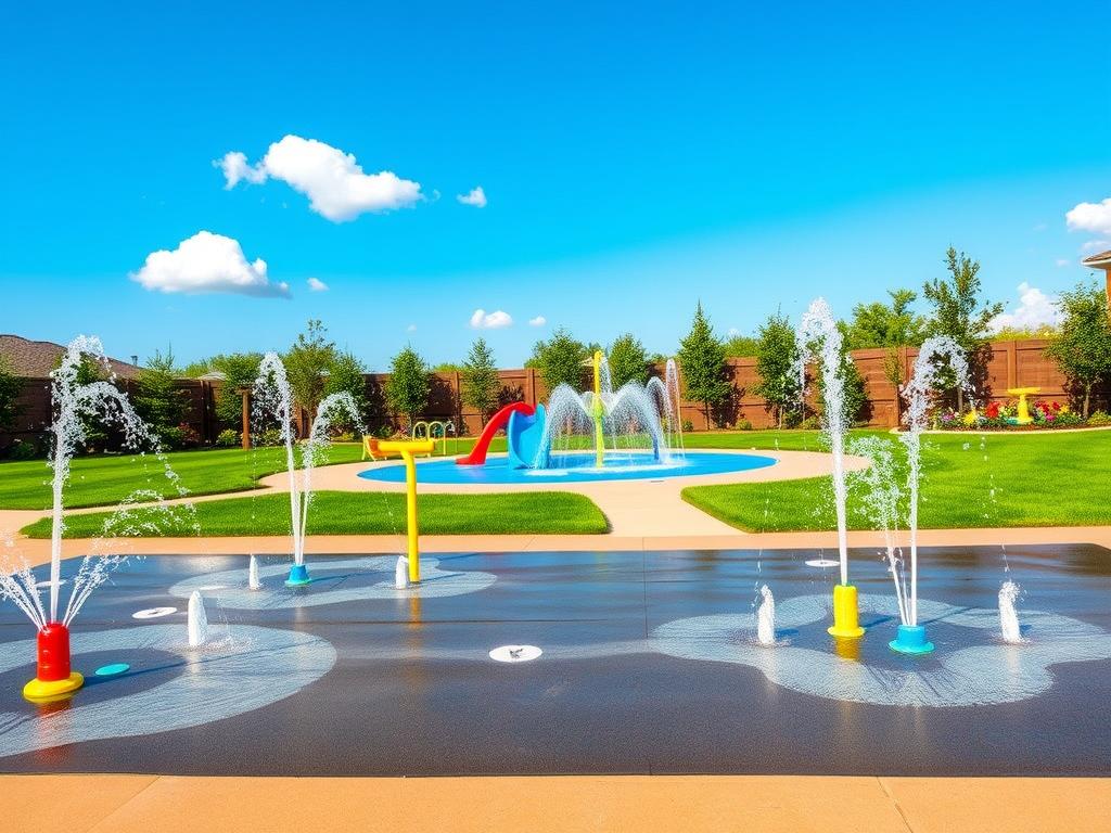 A vibrant backyard splash pad designed for family enjoyment, showcasing a variety of playful water features. In the foreground, colorful spray jets and gentle water fountains invite children to play, with soft rubber mats for safety. The middle ground features whimsical water structures, like a small arching water slide and interactive splash areas, surrounded by lush, green grass and flower beds blooming with bright colors. In the background, a clear blue sky and a few fluffy white clouds create an inviting atmosphere. The lighting is warm and sunny, enhancing the cheerful mood of the scene. The perspective should be slightly elevated, showcasing the layout of the splash pad while capturing a lively, engaging outdoor play area ideal for families. A vibrant backyard splash pad designed for family enjoyment, showcasing a variety of playful water features. In the foreground, colorful spray jets and gentle water fountains invite children to play, with soft rubber mats for safety. The middle ground features whimsical water structures, like a small arching water slide and interactive splash areas, surrounded by lush, green grass and flower beds blooming with bright colors. In the background, a clear blue sky and a few fluffy white clouds create an inviting atmosphere. The lighting is warm and sunny, enhancing the cheerful mood of the scene. The perspective should be slightly elevated, showcasing the layout of the splash pad while capturing a lively, engaging outdoor play area ideal for families.