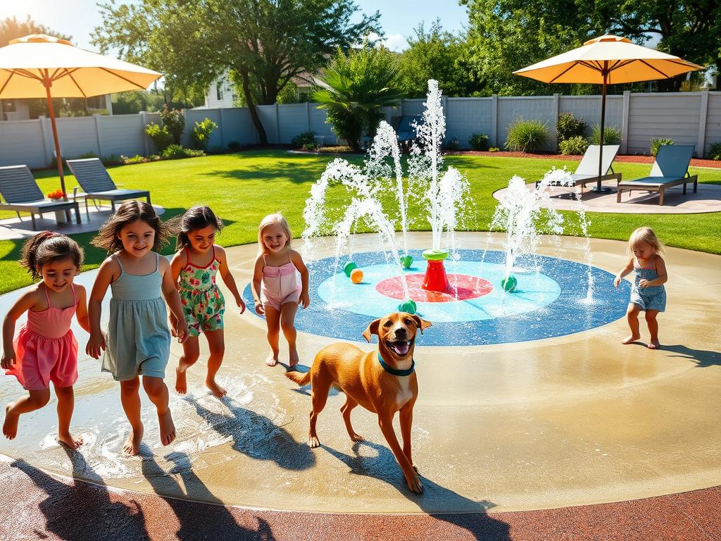 A vibrant backyard splash pad designed for summer fun, featuring colorful water jets and playful water features. In the foreground, children of diverse backgrounds joyfully play with water, wearing modest casual clothing, while a friendly dog splashes around. The middle layer showcases the decorative splash pad with various fountains creating arcs of shimmering water, surrounded by soft rubberized flooring for safety. In the background, a green lawn with shaded areas under stylish umbrellas and a few lounge chairs adds to the inviting atmosphere. Bright, cheerful sunlight filters through the trees, casting playful shadows. The scene evokes a sense of joy, excitement, and the carefree spirit of summer days spent outdoors. A vibrant backyard splash pad designed for summer fun, featuring colorful water jets and playful water features. In the foreground, children of diverse backgrounds joyfully play with water, wearing modest casual clothing, while a friendly dog splashes around. The middle layer showcases the decorative splash pad with various fountains creating arcs of shimmering water, surrounded by soft rubberized flooring for safety. In the background, a green lawn with shaded areas under stylish umbrellas and a few lounge chairs adds to the inviting atmosphere. Bright, cheerful sunlight filters through the trees, casting playful shadows. The scene evokes a sense of joy, excitement, and the carefree spirit of summer days spent outdoors.