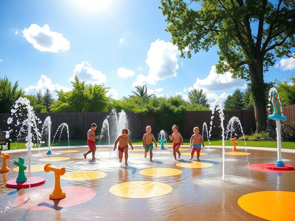 A vibrant backyard splash pad with various playful water features designed for family enjoyment. In the foreground, the splash pad is surrounded by colorful rubber mats and decorative, child-friendly fountains shooting water in different directions. In the middle, children wearing modest casual clothing joyfully play and splash in the water, with some using water toys. In the background, lush greenery and a wooden fence create a serene atmosphere, under a bright blue sky with fluffy white clouds. Soft sunlight filters through the trees, casting gentle shadows on the ground. The overall mood is cheerful and inviting, encapsulating a fun day of water play. A wide-angle lens captures the entire scene, emphasizing the lively interaction of family and nature. A vibrant backyard splash pad with various playful water features designed for family enjoyment. In the foreground, the splash pad is surrounded by colorful rubber mats and decorative, child-friendly fountains shooting water in different directions. In the middle, children wearing modest casual clothing joyfully play and splash in the water, with some using water toys. In the background, lush greenery and a wooden fence create a serene atmosphere, under a bright blue sky with fluffy white clouds. Soft sunlight filters through the trees, casting gentle shadows on the ground. The overall mood is cheerful and inviting, encapsulating a fun day of water play. A wide-angle lens captures the entire scene, emphasizing the lively interaction of family and nature.